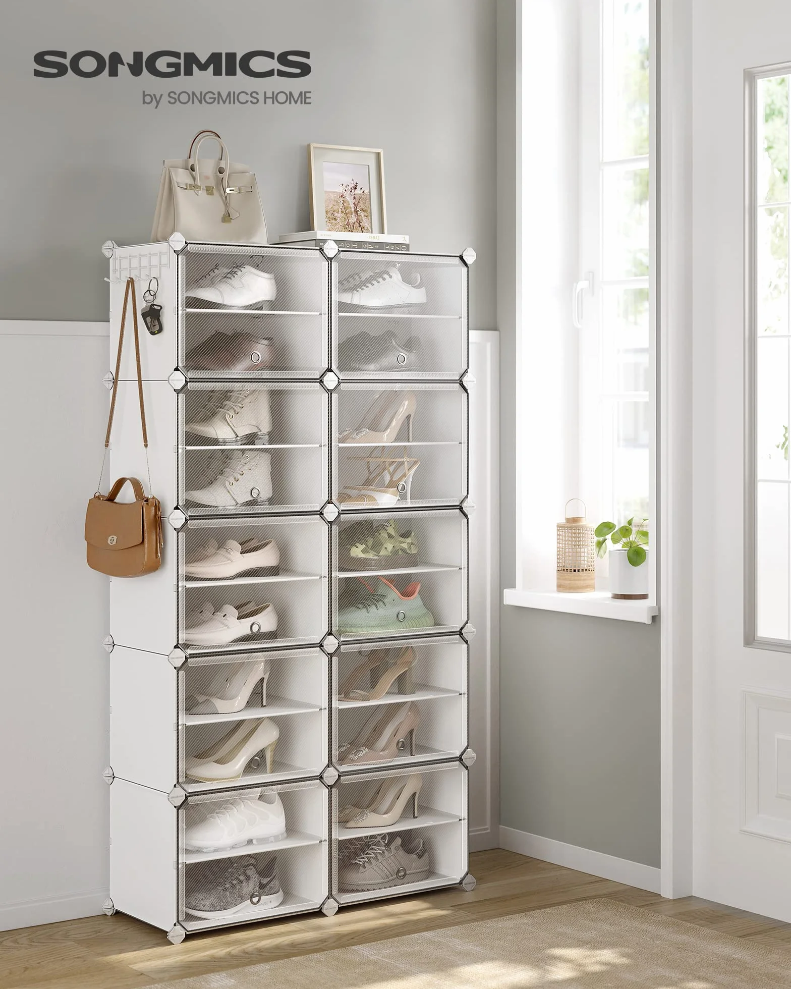 SONGMICS Scarpiera Modulare 10 Scomparti 40 Paia Scarpe con Sportelli Telaio Acciaio Bianco Trasparente LPC035W01