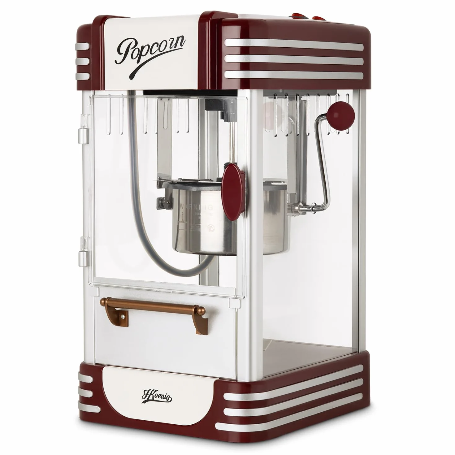 H.Koenig Macchina per Pop Corn POP330, Design Retrò, Recipiente in Acciaio Inox e Alluminio, Capacità 50 g, Porta Magnetica, Potenza 360 W