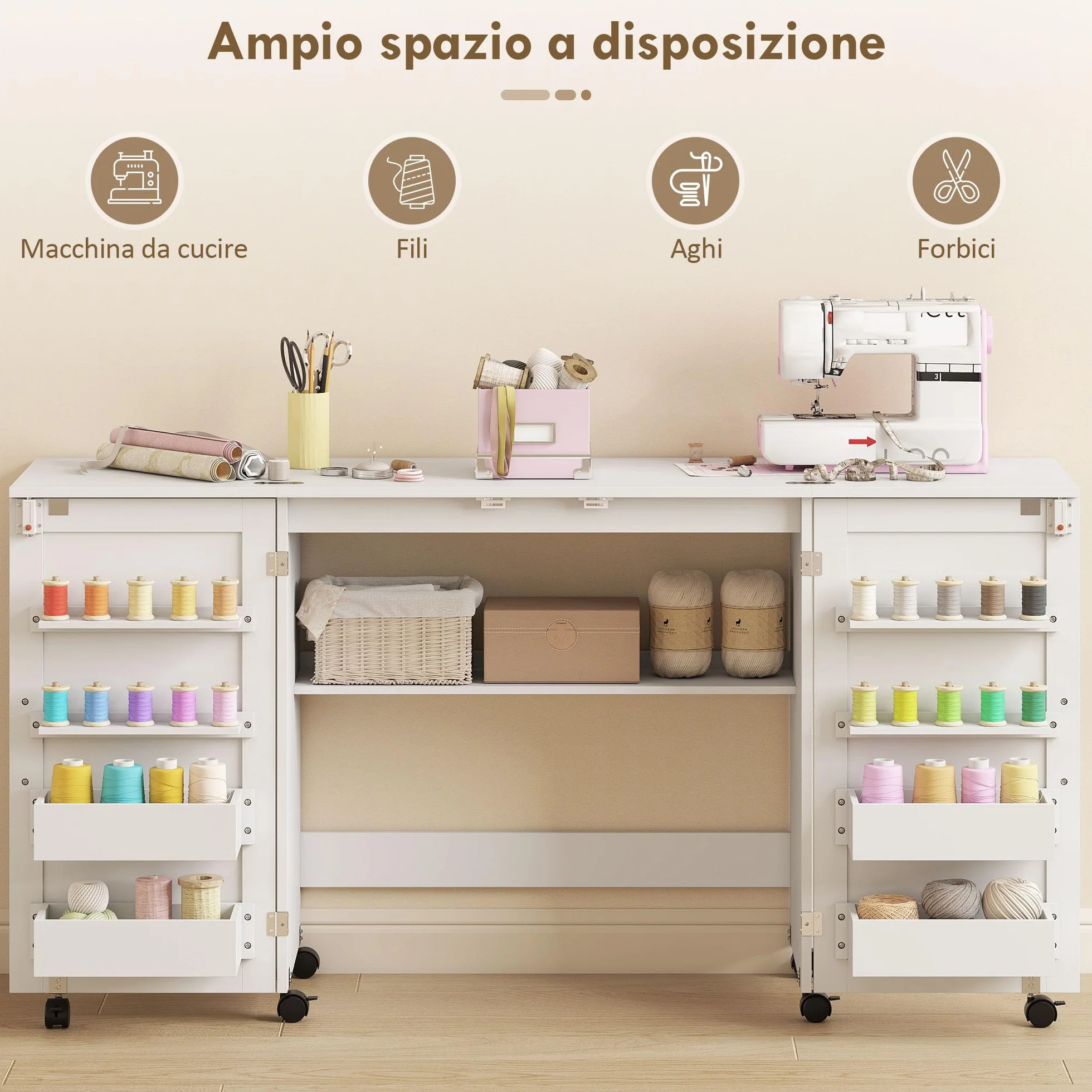 HOMCOM Mobile per Macchina da Cucire Pieghevole a 2 Ante Magnetiche, Tavolo per Macchina da Cucire Salvaspazio con Ripiani Portaoggetti, 20 Pioli per Bobine, Ruote a Freno, Armadio da Cucito, Bianco