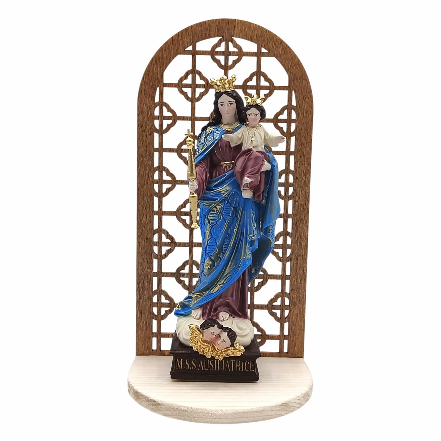 Altare in Legno con Statua Maria Ausiliatrice 22x11x9.5 cm Decorato a Mano Made in Italy