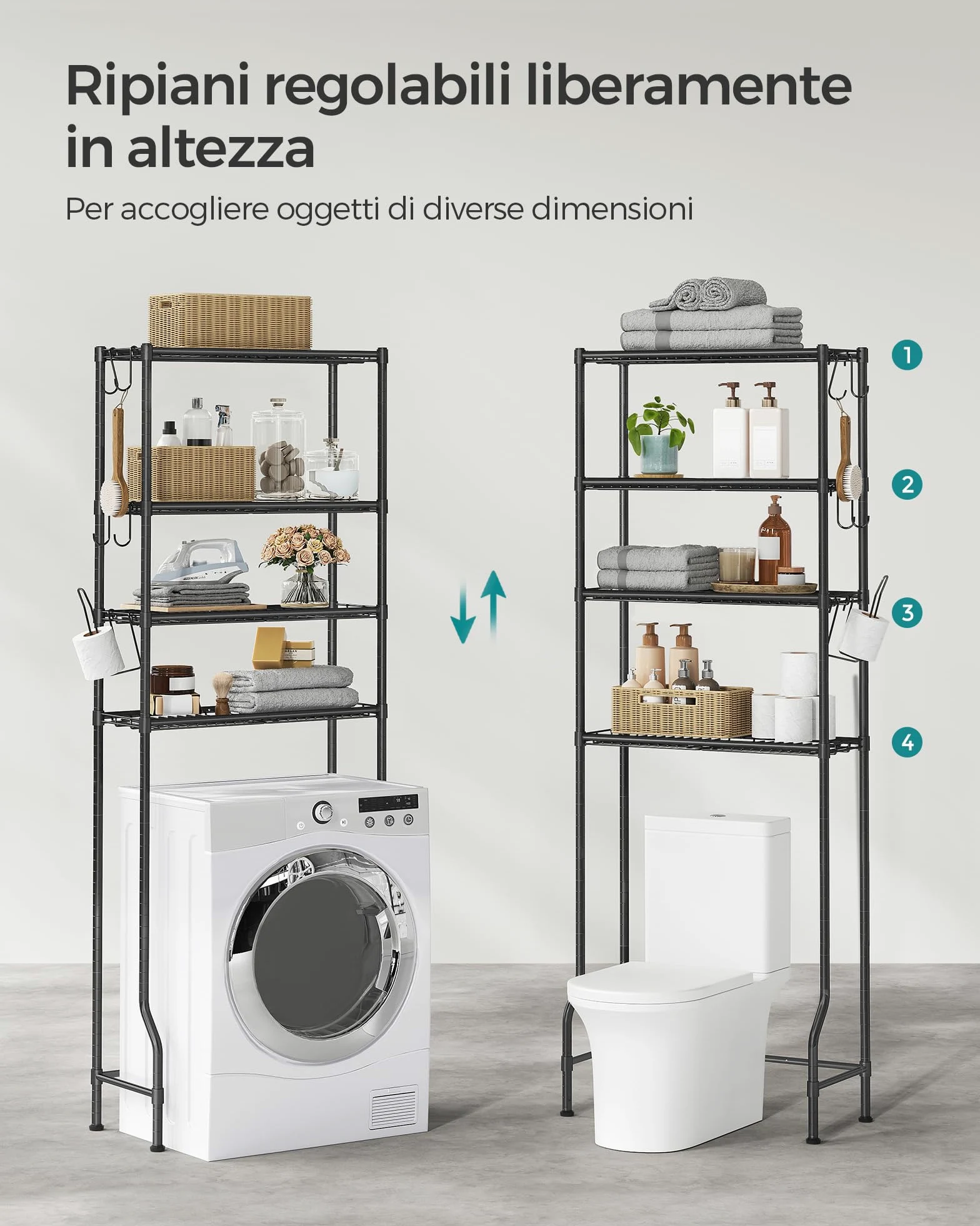 SONGMICS Scaffale sopra WC a 4 Ripiani, Scaffale da Bagno in Metallo, Ripiani Regolabili, con 4 Ganci e Portarotolo, Salvaspazio, 30 x 63 x 176 cm, Nero BTS013B01