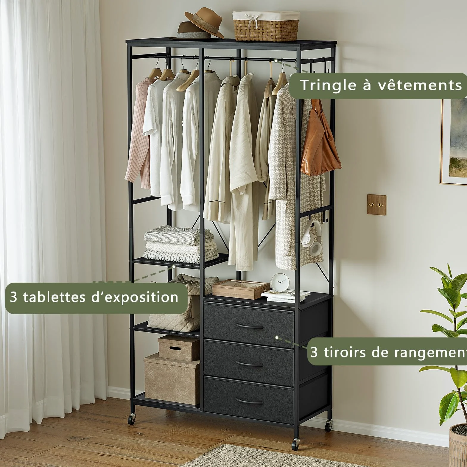 Appendiabiti con Cassetti, Stand Appendiabiti, Armadio Aperto, Guardaroba, Attaccapanni Moderno, Ripiani Regolabili, 4 Ganci, Nero