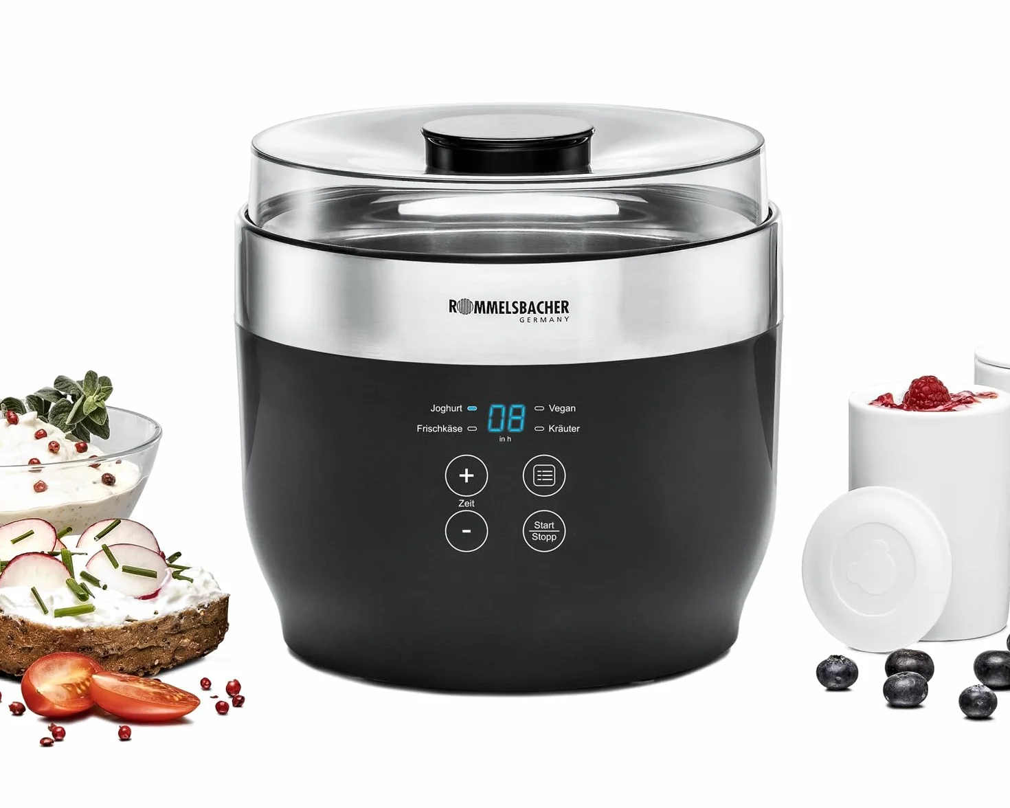 ROMMELSBACHER JG 80 “Jona” - Macchina per yogurt e formaggio fresco 4 bicchieri da porzione in ceramica 125 ml, 2 contenitori in vetro XXL 1,2 l, 4 programmi preimpostati con diverse temperature