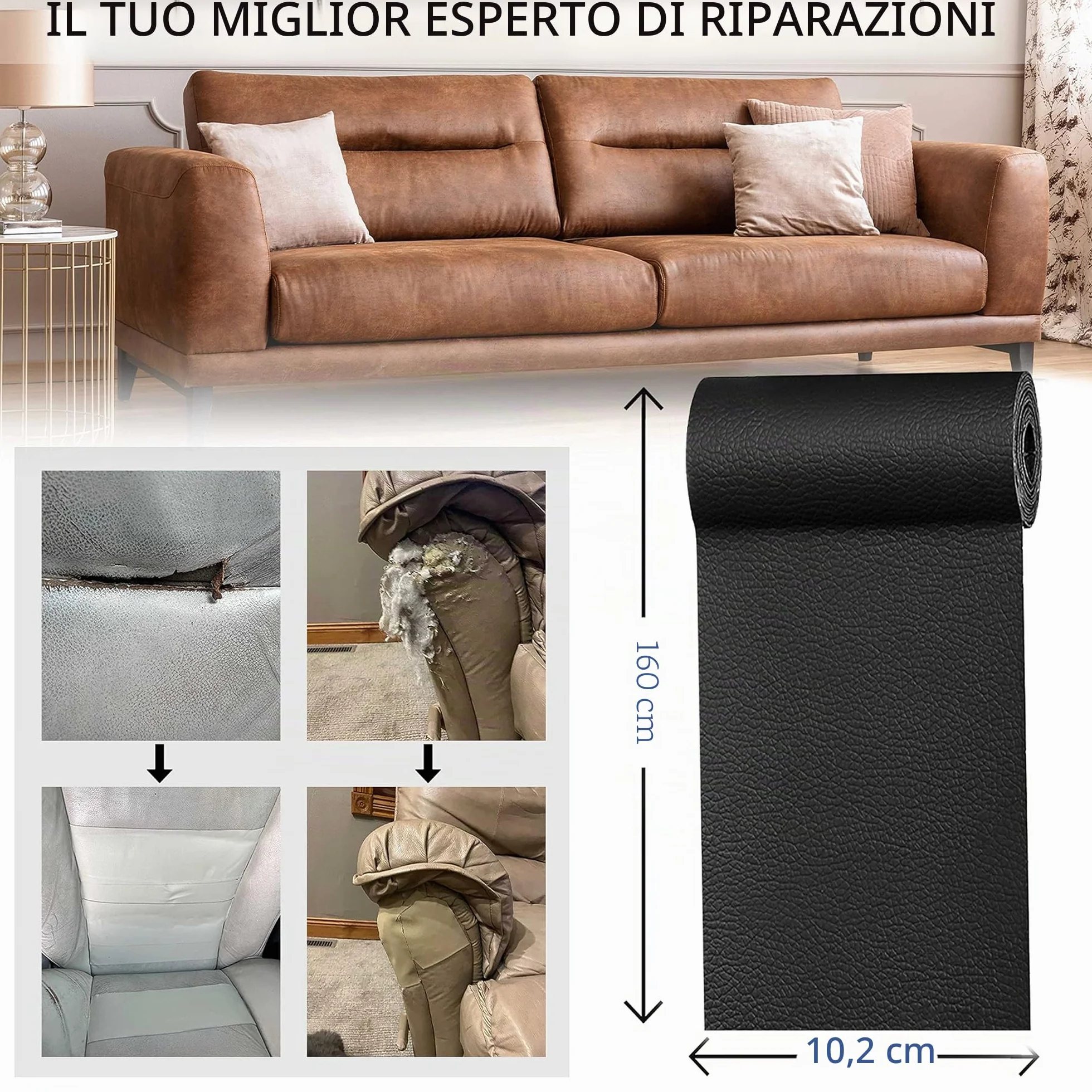 YAFLC Patch di Riparazione in Pelle, 10x160cm Pelle Adesiva per Divani, Sedili Auto, Mobili, Borse, Giacche Nero
