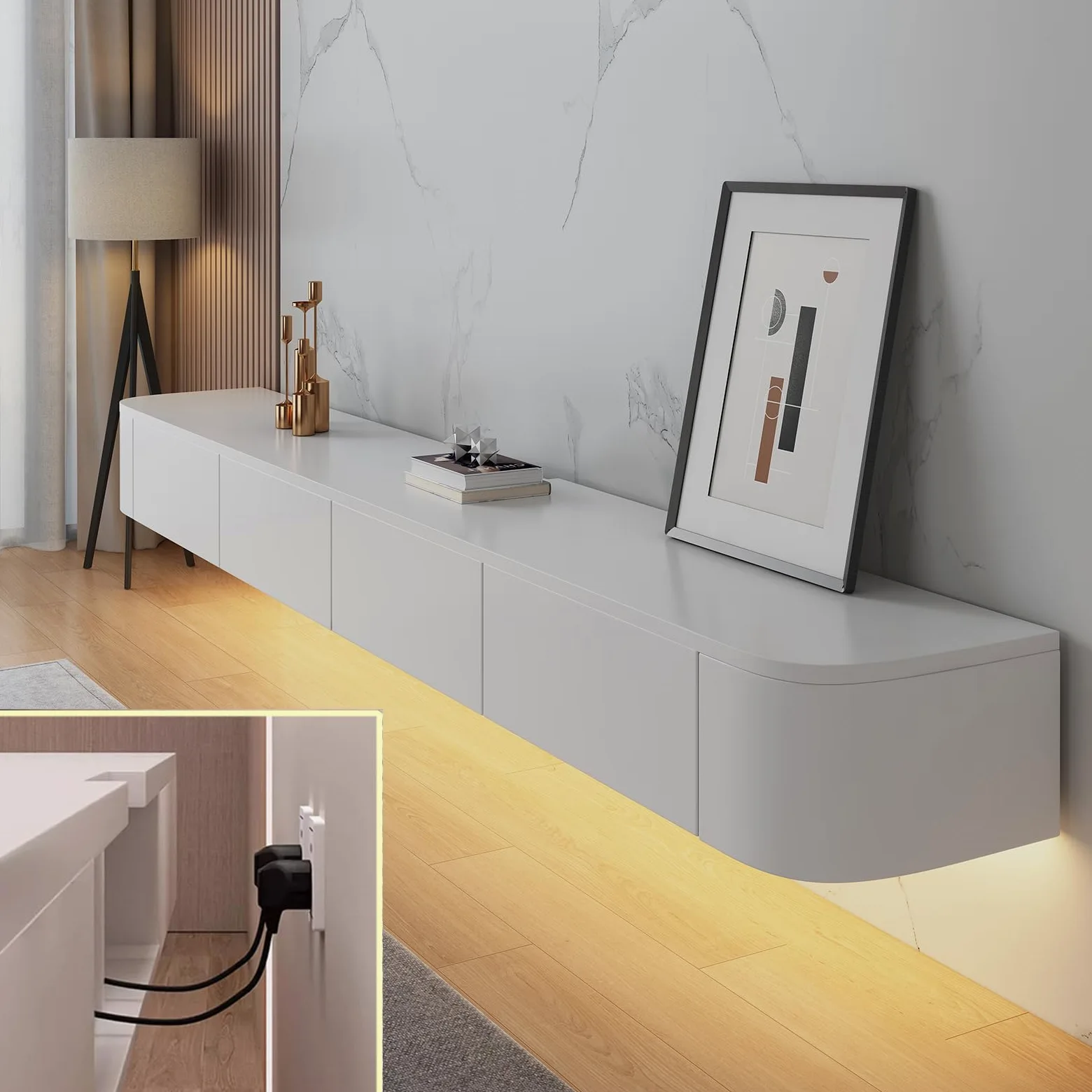 Consola TV galleggiante, mobile TV a parete, banco TV con grande spazio di archiviazione sotto la TV con cassetti, supporto per router (bianco + LED, 120 x 20 x 24 cm)