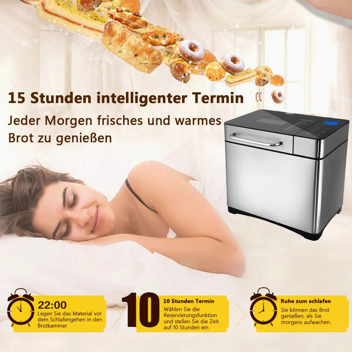 Meykey, macchina per il pane in acciaio inox, 19 programmi di cottura completamente automatica per 500 g, 750 g, 1000 g, timer di ritardo di 15 ore, finestra di visualizzazione, funzione di