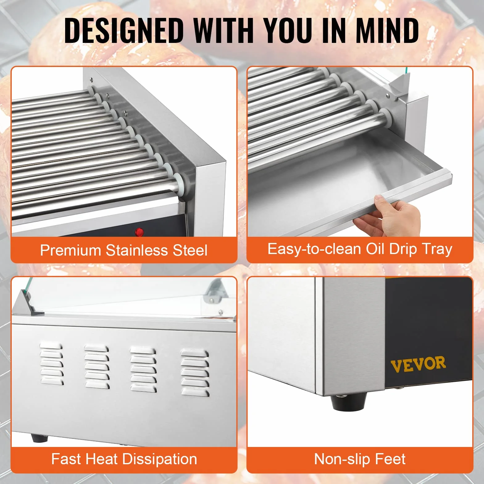 VEVOR Rullo per Hot Dog, 11 Rulli, Macchina per Grigliare Salsicce in Acciaio Inossidabile con Doppio Controllo della Temperatura, 30 Hot Dog, 2,2KW Coperchio Hot Dog Ripiano Riscaldante per Panini