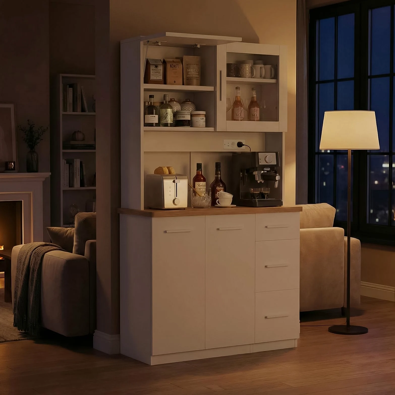 Devoko Mobile da cucina, credenza, armadio alto con prese di corrente e strisce LED 3000 K, con piano di lavoro da 24 mm, ripiani regolabili, 3 cassetti, 100 x 40 x 182 cm (Bianco)