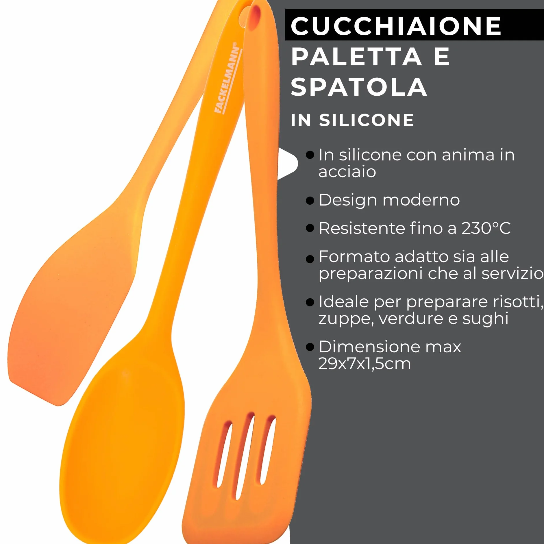 Fackelmann Set 3 Utensili da Cucina in Silicone con Anima in Acciaio, Cucchiaio, Spatola e Paletta Forata, Utensili Antiaderenti Resistenti al Calore, Lavabili in Lavastoviglie, Linea Soft Collection