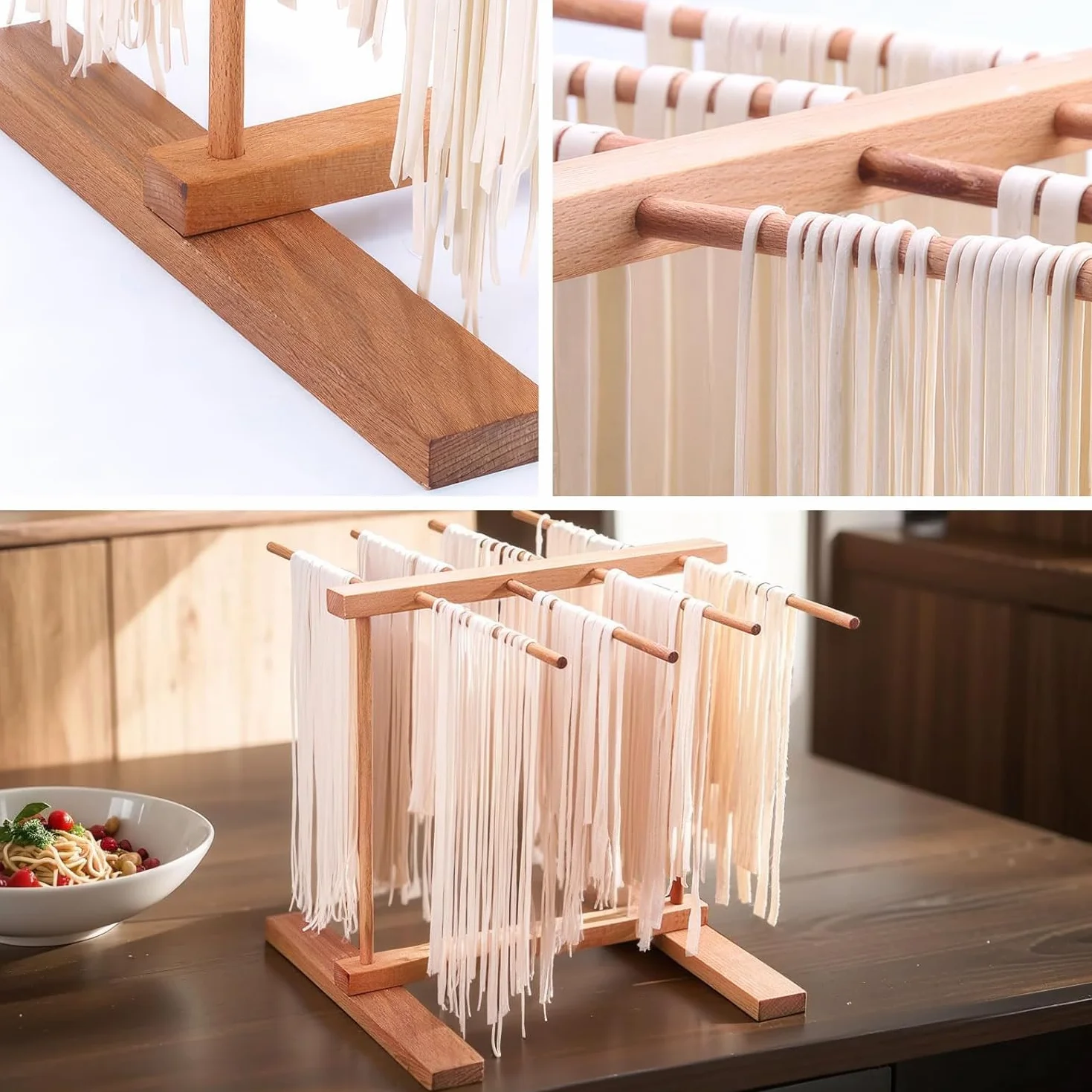 Asciugatrice per pasta in legno, supporto per pasta in legno con 8 rimovibili, asciugacapelli riutilizzabile per pasta