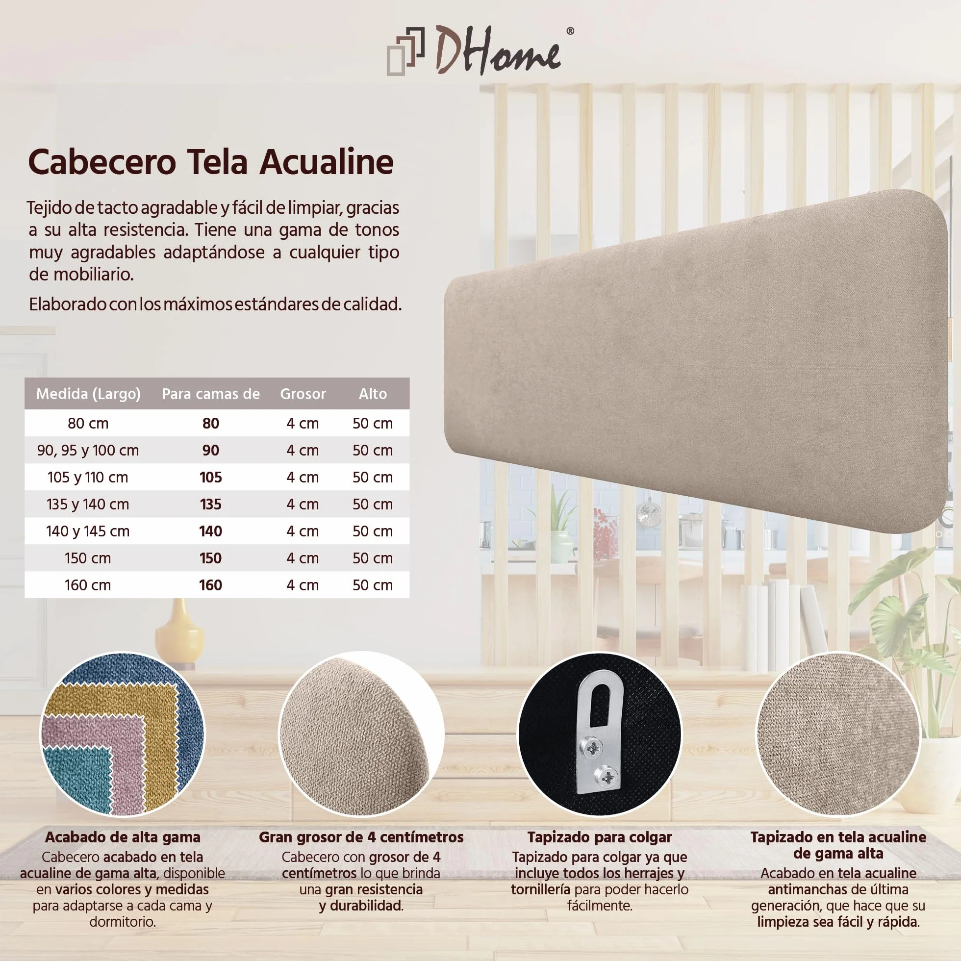 DHOME Testiera Imbottita Liscia Arrotondata in Tessuto Aqualine per Parete Acustica Testate Letto Fonoassorbenti Camera da Letto (Beige, 160cm)