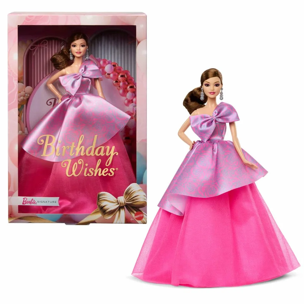 Barbie Signature Birthday Wishes JBJ08, bambola da collezione abito rosa satinato capelli ondulati castani confezione regalo