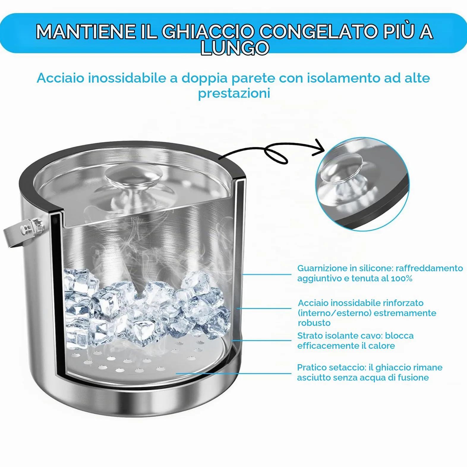 Contenitore per ghiaccio in acciaio inox, 3 l, con coperchio ermetico, colino e pinza per ghiaccio, a doppia parete, ideale per raffreddare birra, champagne e frutta