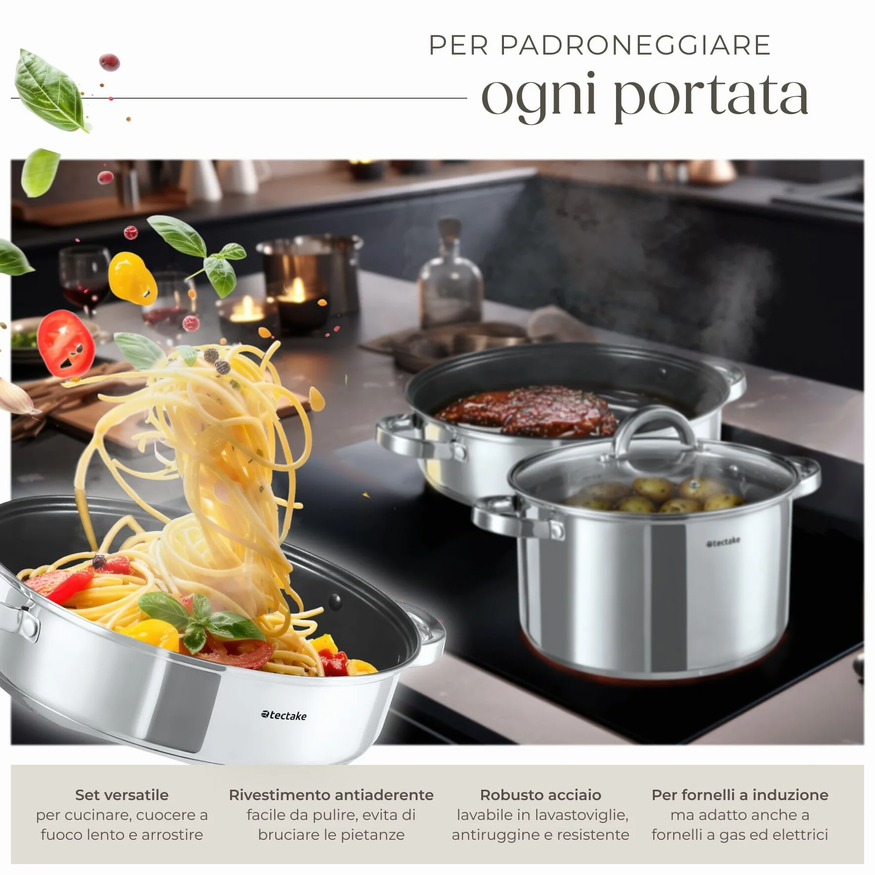 Tectake Set di Pentole 15 Pezzi Acciaio Inossidabile Induzione Gas Elettrico Antiaderenti Lavastoviglie