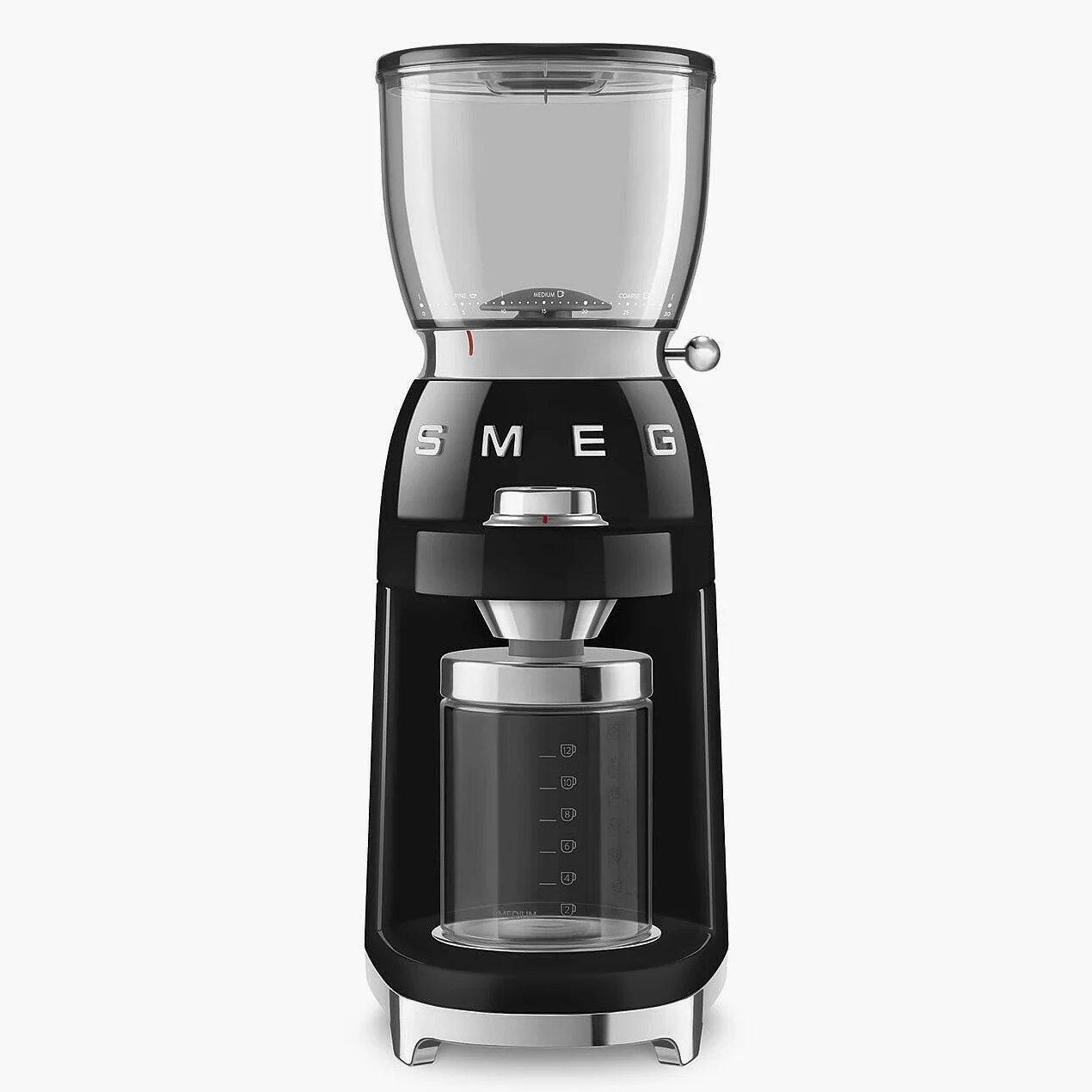 Smeg, Macinacaffè CGF11BLEU, Livello di Macinatura Regolabile, 30 Step di Macinatura, Contenitore Chicchi Caffè da 350g, Quantità di macinatura regolabile, con Sistema Antistatico, 150W, Nero