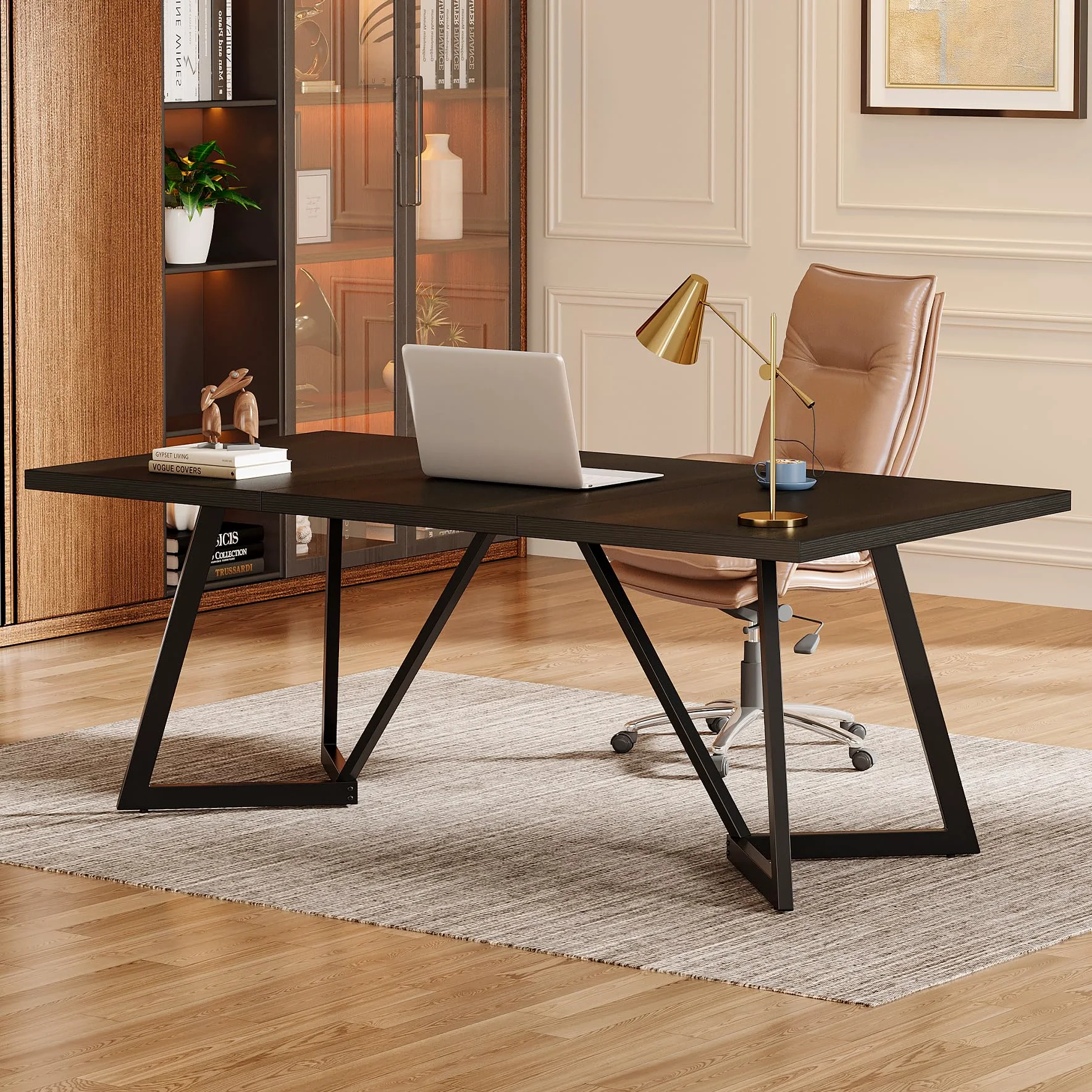 Tribesigns Scrivania moderna per computer, 180 cm, grande scrivania da ufficio con telaio in metallo, scrivania rettangolare per laptop, studio, scrivania per casa e ufficio (nero)