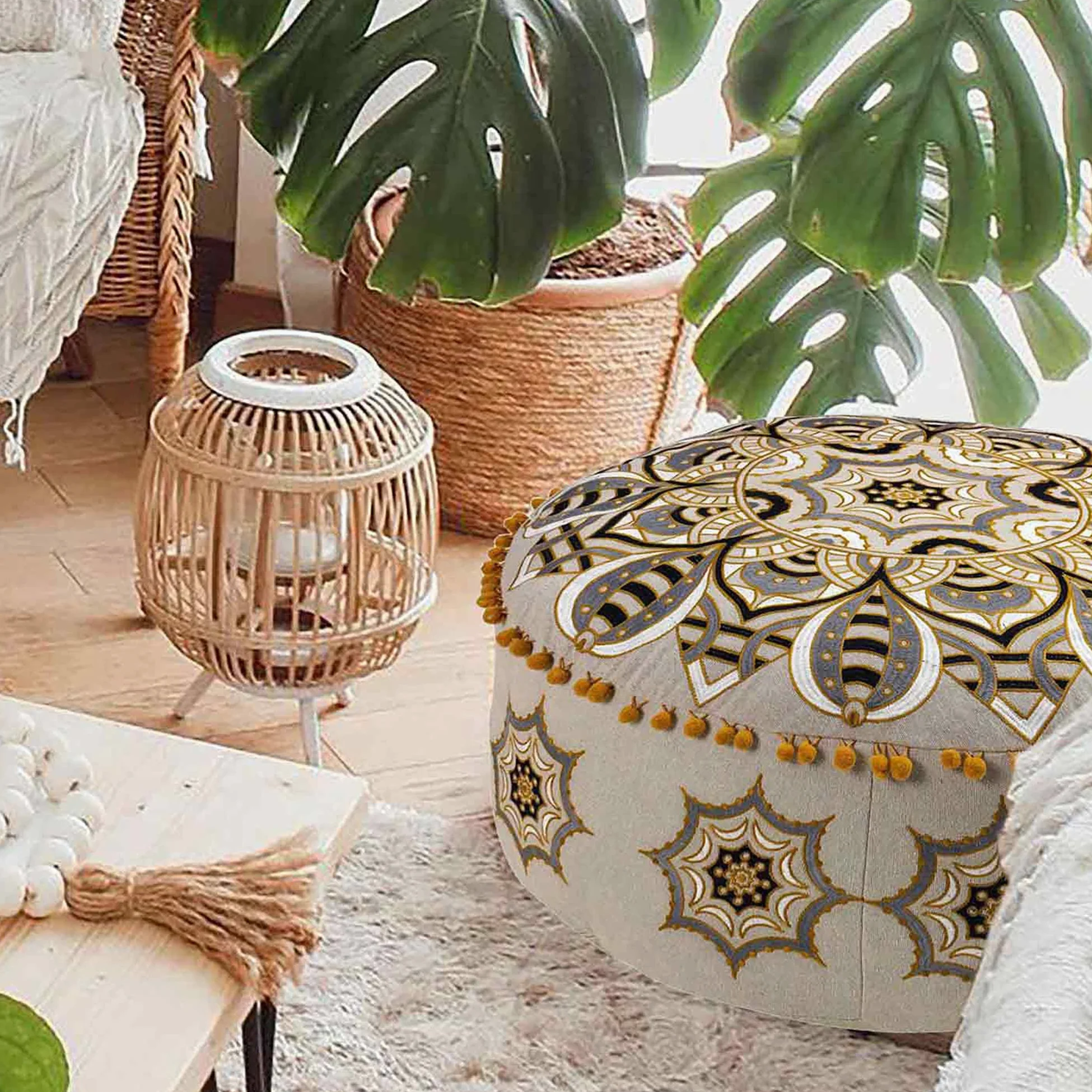 Sgabello marocchino imbottito, copertura ottomana, 60 x 20 cm, boho deco, per animali domestici, con decorazione artigianale, per meditazione, yoga e chic