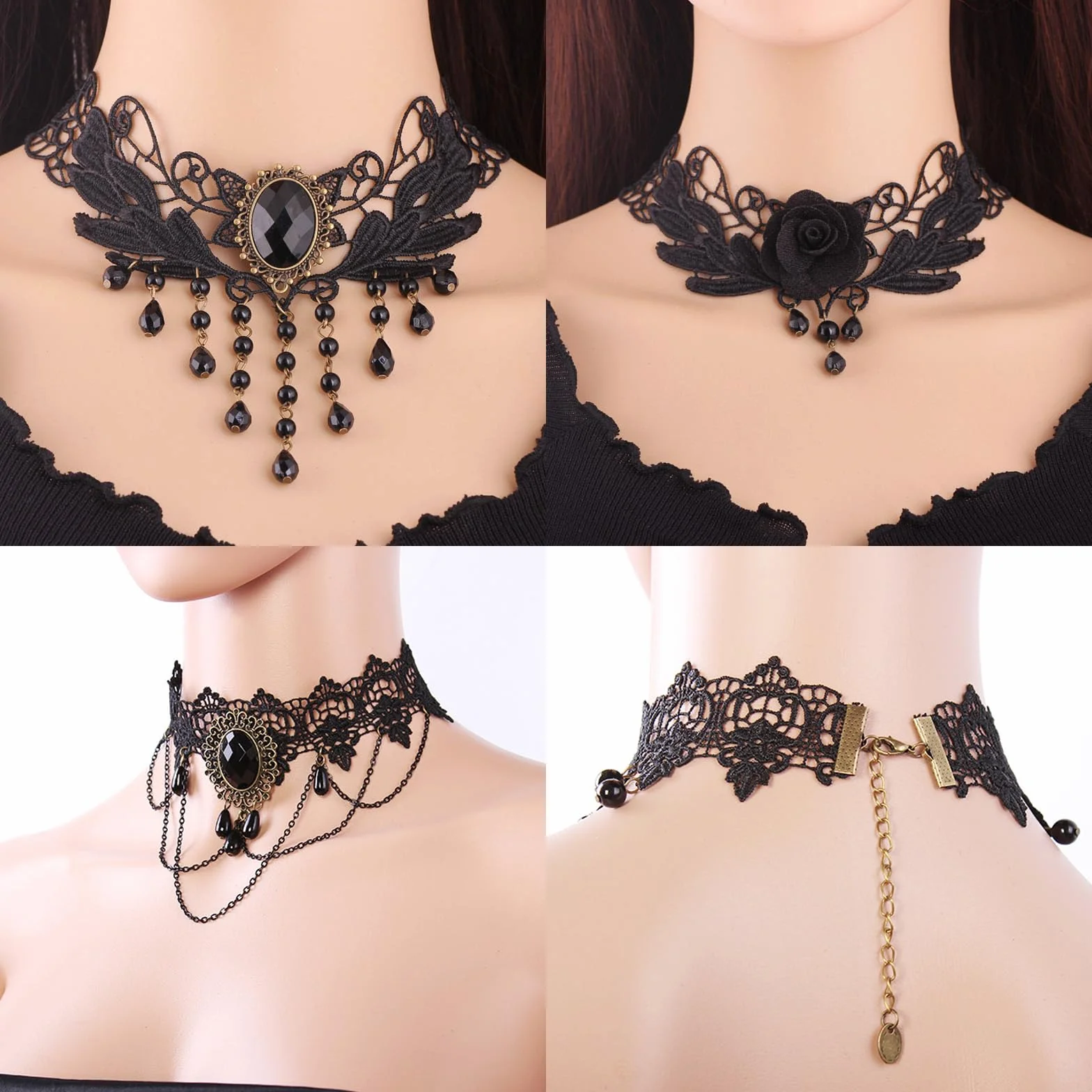 Girocollo in Pizzo Nero 6 Pezzi Choker Donna Collana Vintage Accessori Halloween