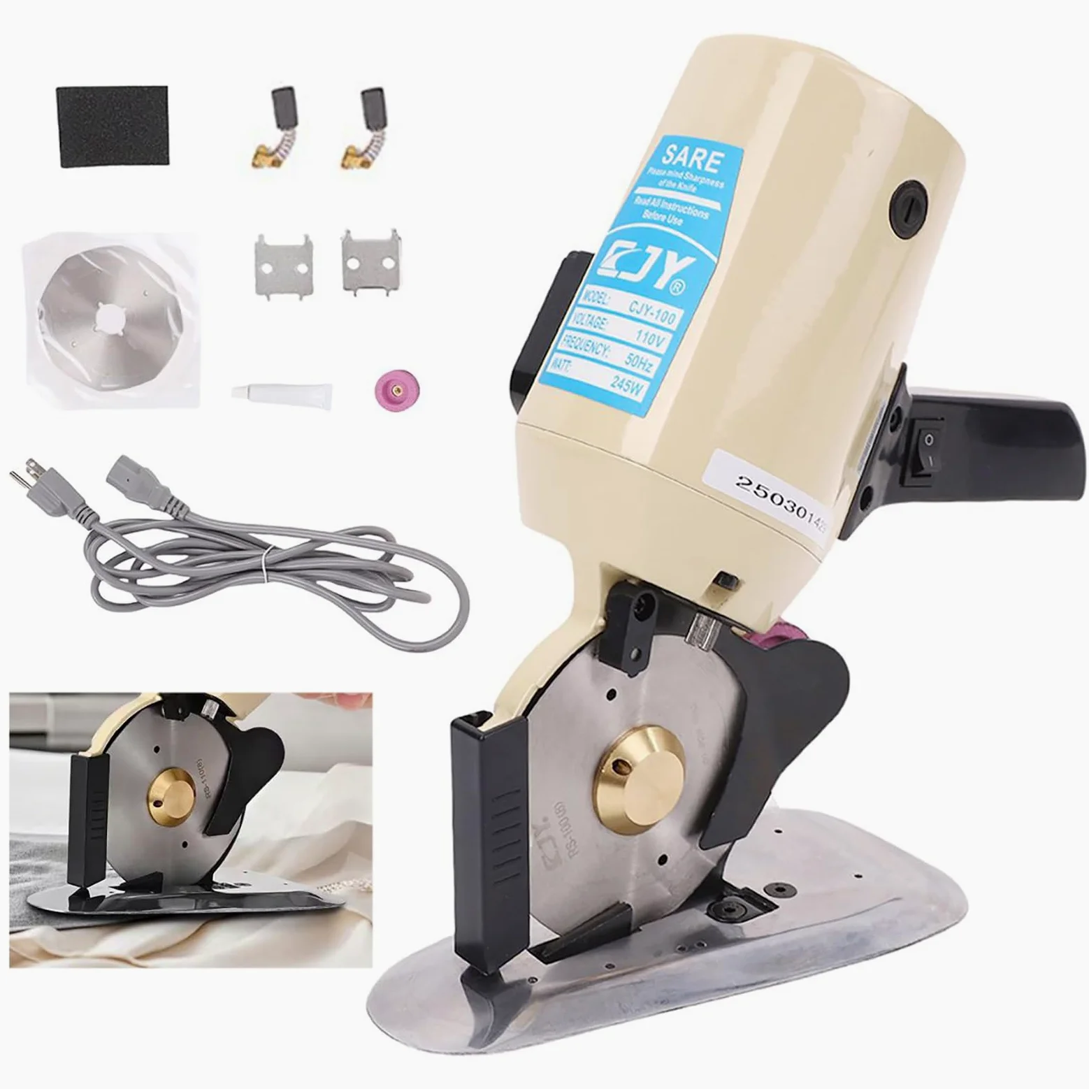 Taglierina elettrica rotativa per tessuti, 110 V, tagliatrice elettrica per tessuti, lama rotante da 10 cm, con affilatrice automatica per vestiti, tessuti, tappeti