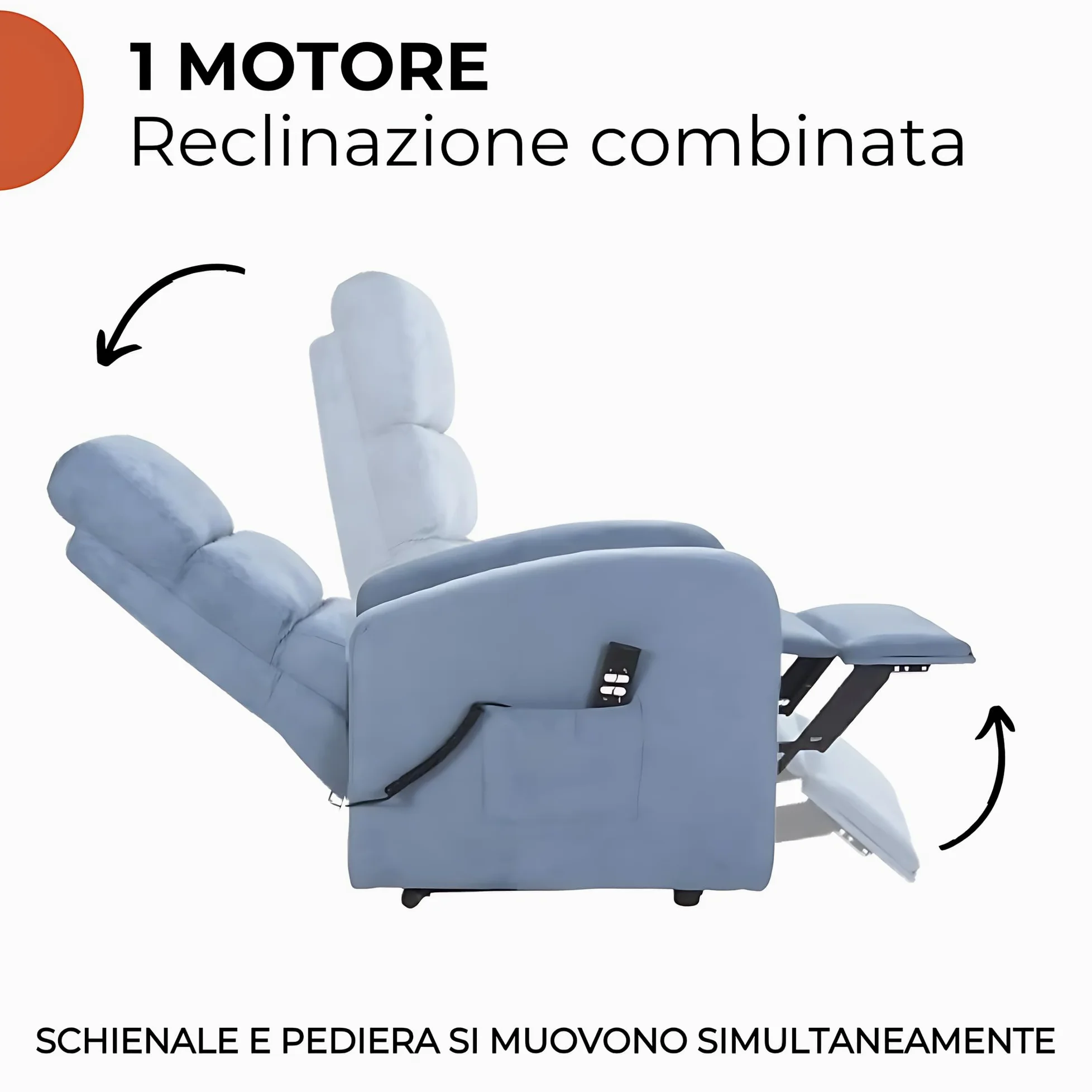 POLTRONE ITALIA Poltrona Relax Elettrica 4 ruote reclinazione poltrona per anziani soggiorno elevabile Detraibile 19% microfibra Azzurro