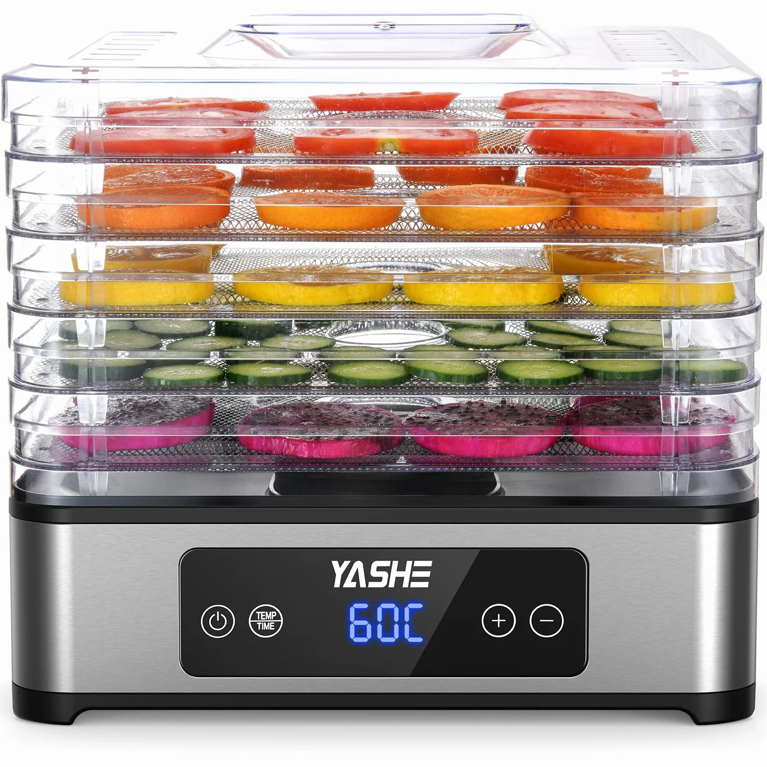 YASHE Essiccatore Alimentare, 5 Vassoi in Acciaio Inox, Timer e Temperatura Regolabili, Flusso d’Aria a 360°, Senza BPA, 400W Essiccatore Frutta e Verdura, Carne, Erbe, Snack per Cani