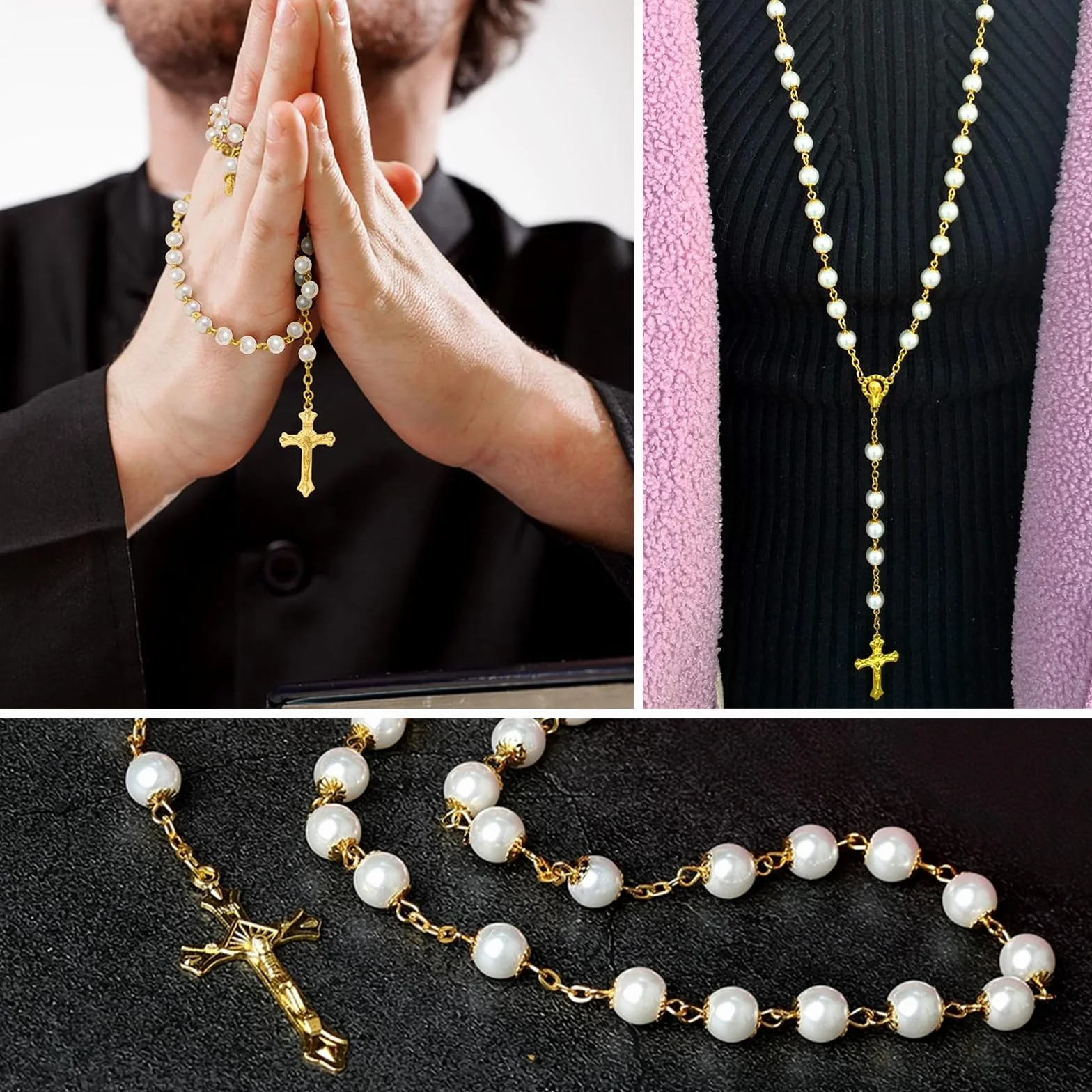 Rosario Di Comunione Con Croce Retrò Cristiano Con Ciondolo A Forma Di Croce Con Zirconi Preghiera Religiosi Credenti Perle Collana Rosario Per Battesimo Comunione Matrimonio Festa, Oro