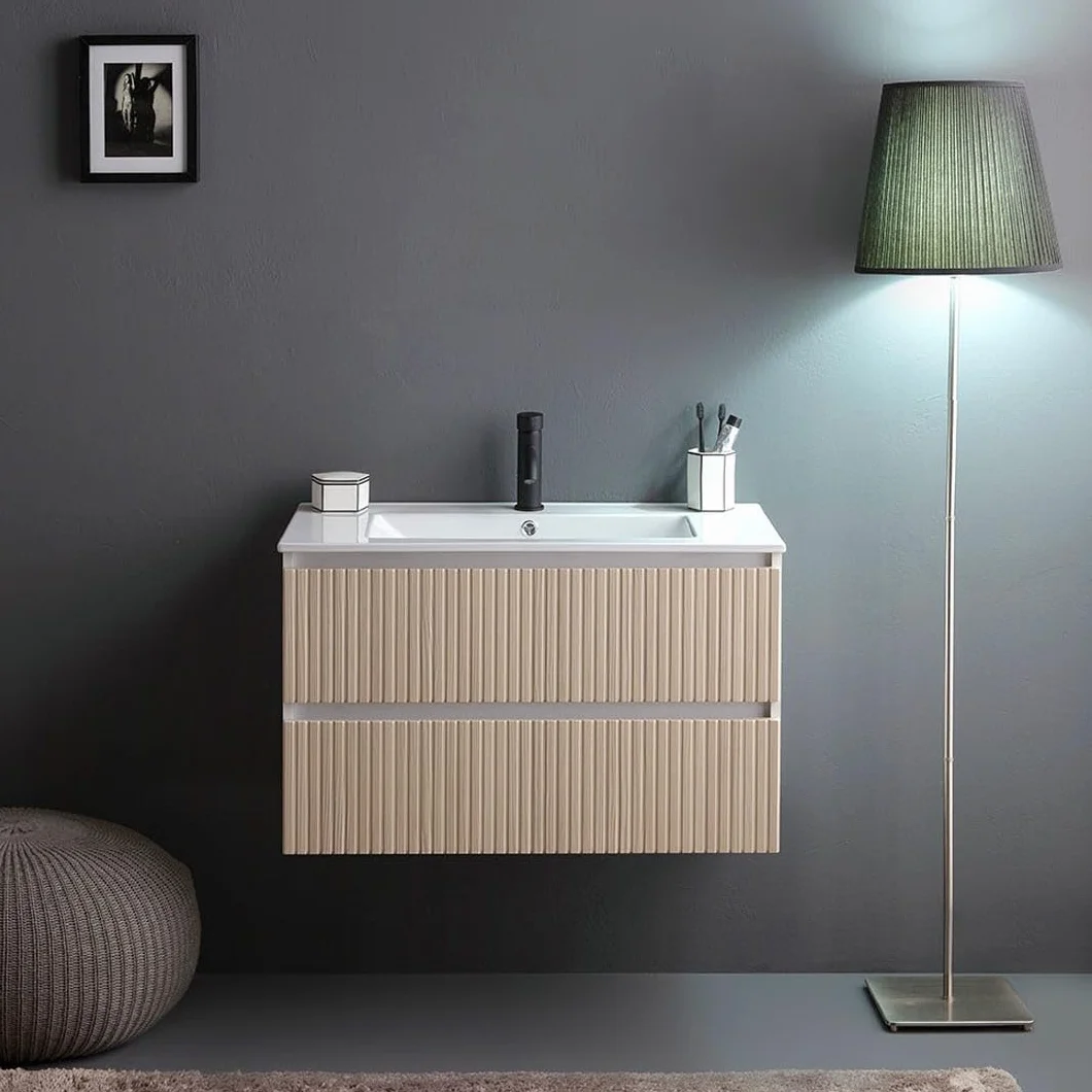 Kiamami Valentina - Mobile sospeso 100cm bianco con cassetti rovere cannettato e lavabo in ceramica | Bilbao