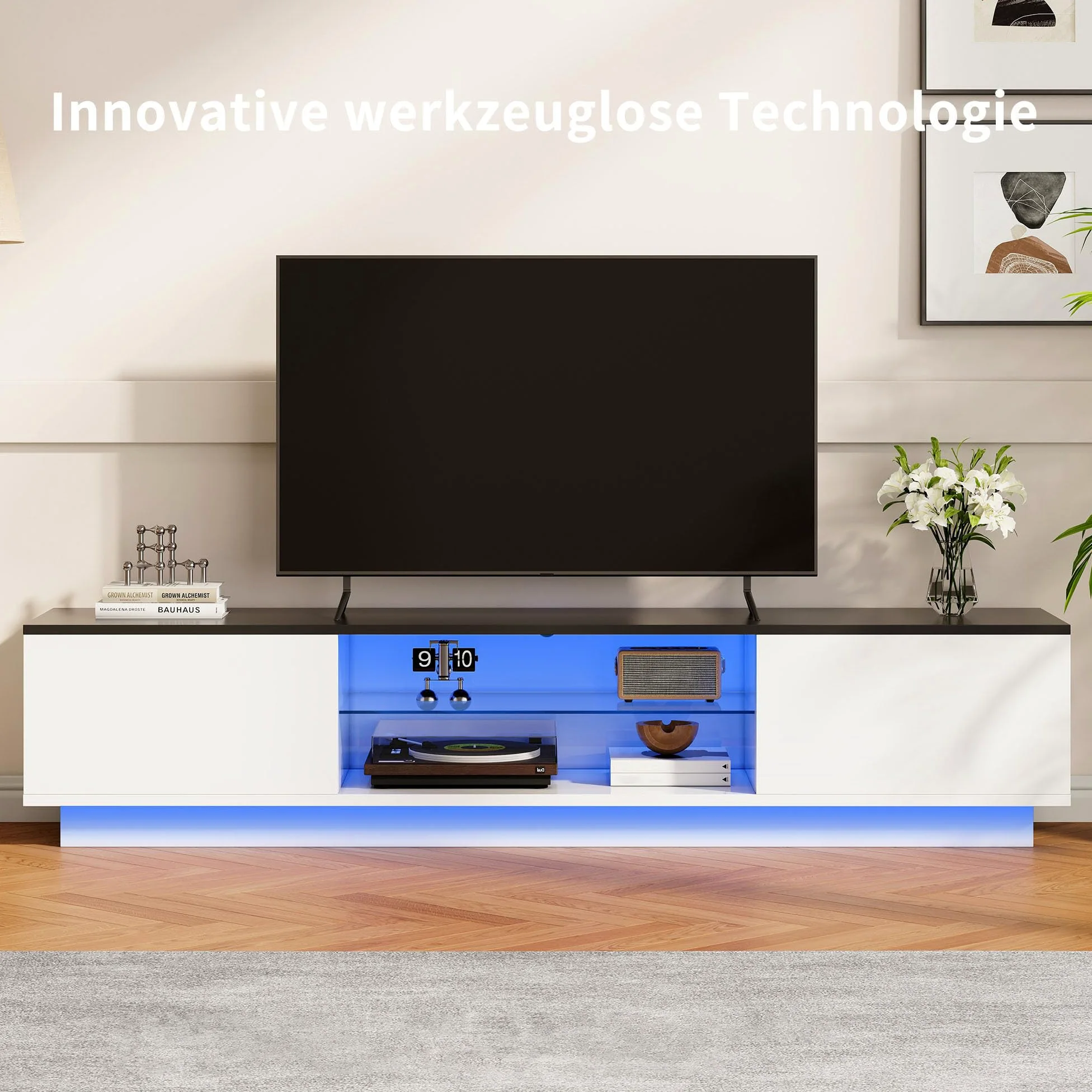 Mobile porta TV LED 160 cm, mobile per TV, mobile per TV, moderna credenza TV in legno con 2 scomparti portaoggetti, basso mobile soggiorno, mobile soggiorno (bianco, 3 (160 cm))