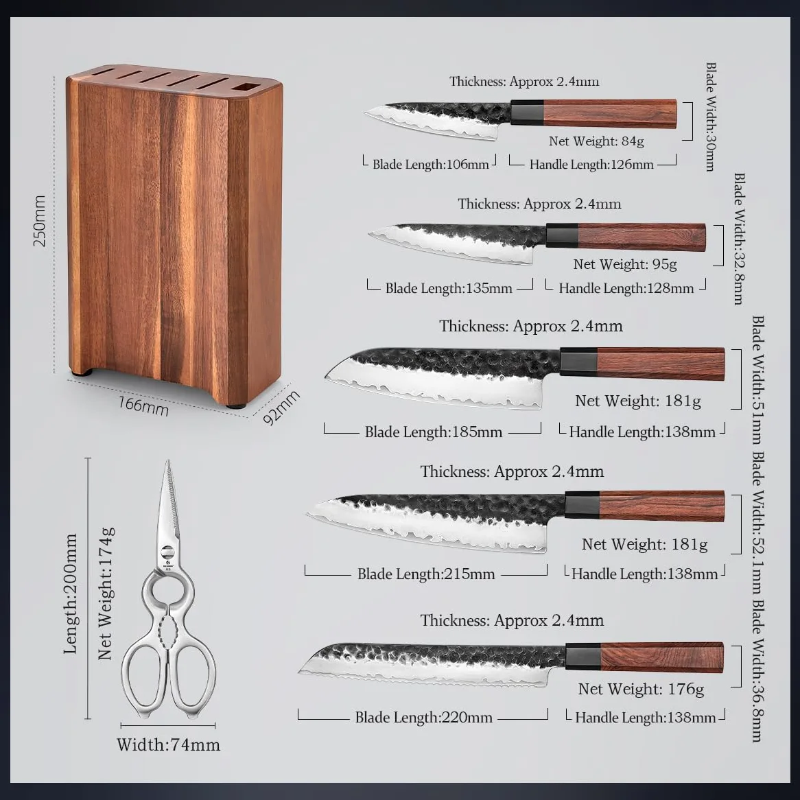 HEZHEN Set di Coltelli da Cucina Ceppi Portacoltelli, Coltello Santoku Stile Giapponese Coltelli da Chef, Forbici da Cucina Blocco Coltelli in Legno di Acacia