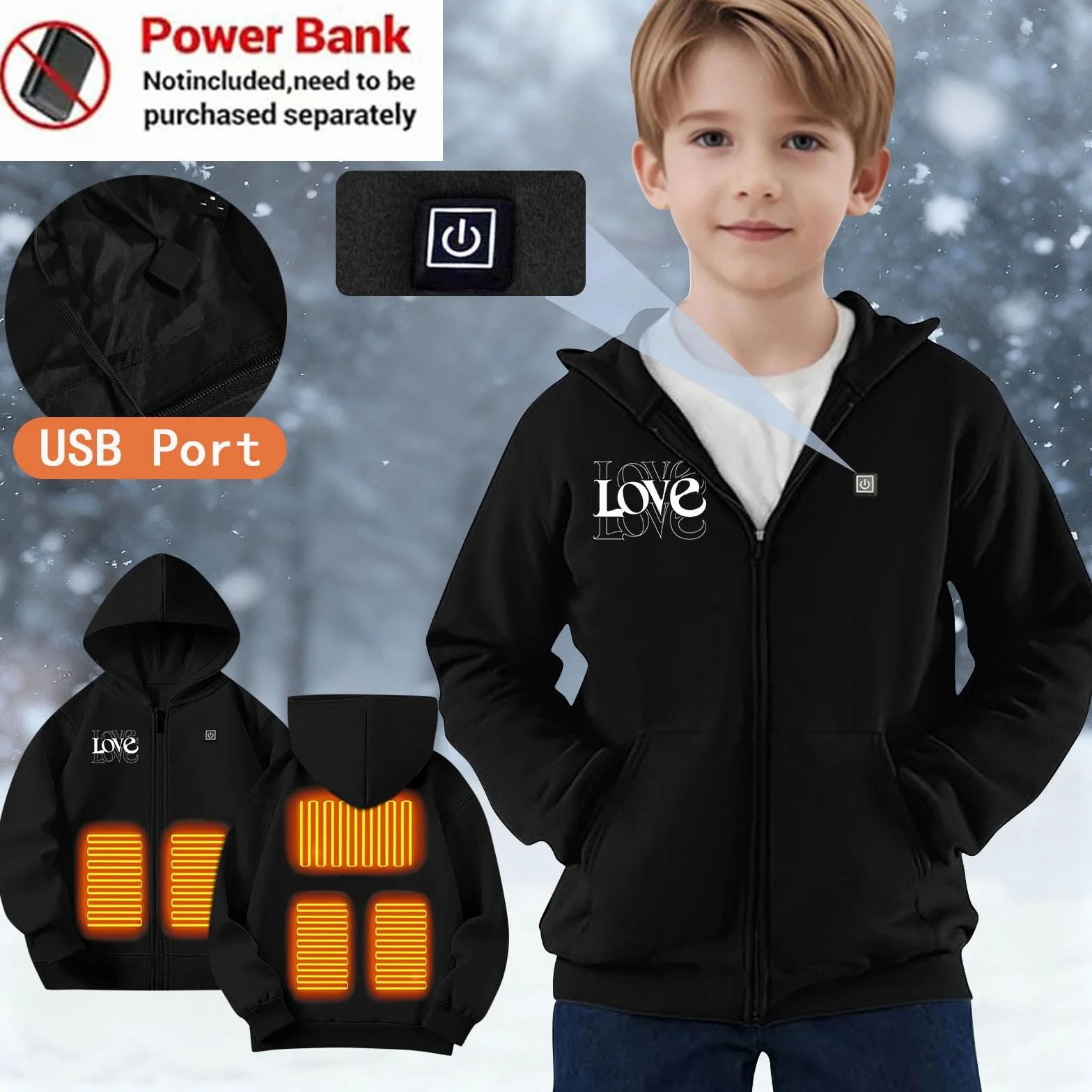 Felpe Riscaldato per Bambini Felpa Riscaldata Elettrico USB Giacca con 3 Livelli di Temperatura Pullover Riscaldante Calda Hoodie Isolante Invernale Sweatshirt Casual Abbigliamento