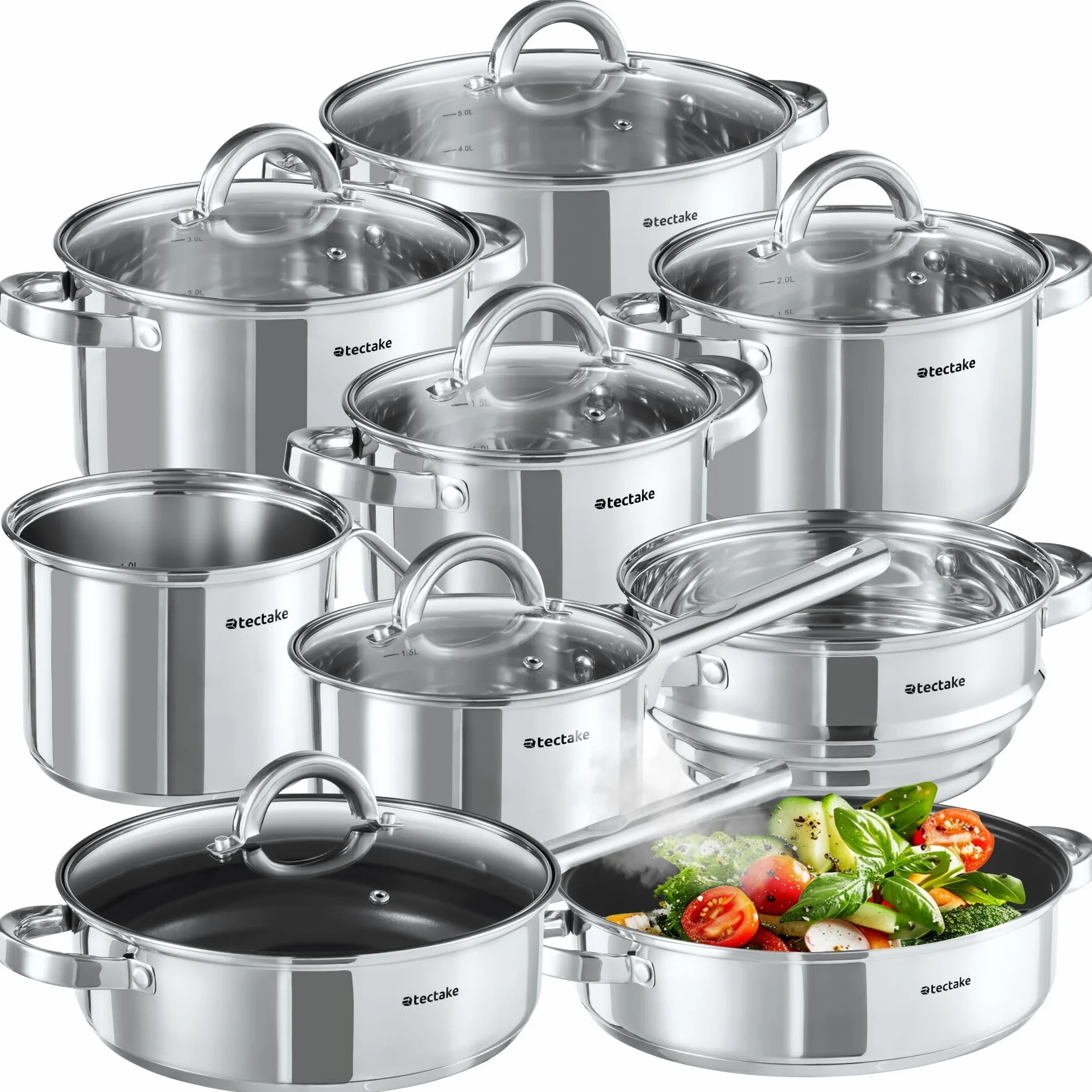 Tectake Set di Pentole 15 Pezzi Acciaio Inossidabile Induzione Gas Elettrico Antiaderenti Lavastoviglie