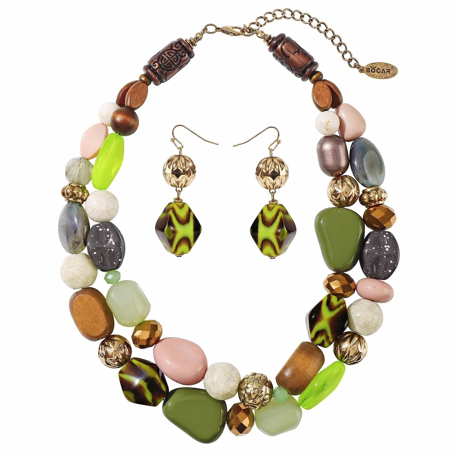Bocar Collana a 2 strati con perline grosse alla moda, idea regalo per donne, Legno Vetro Resina Acrilico, Nessuna pietra preziosa (NK-10384)