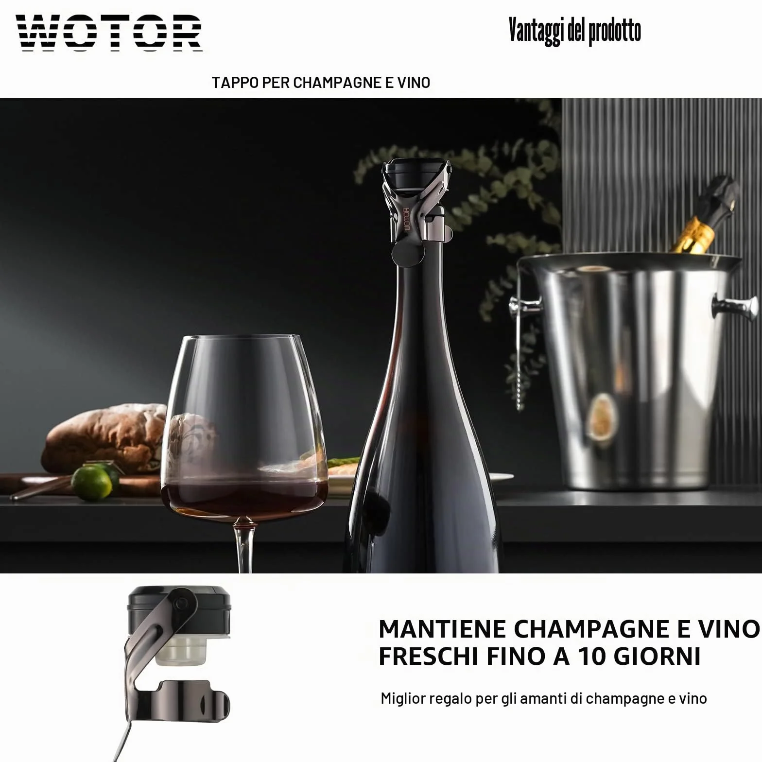 WOTOR tappi per spumante, tappi bottiglie vino, a prova di perdite, riutilizzabile, 2 pezzi