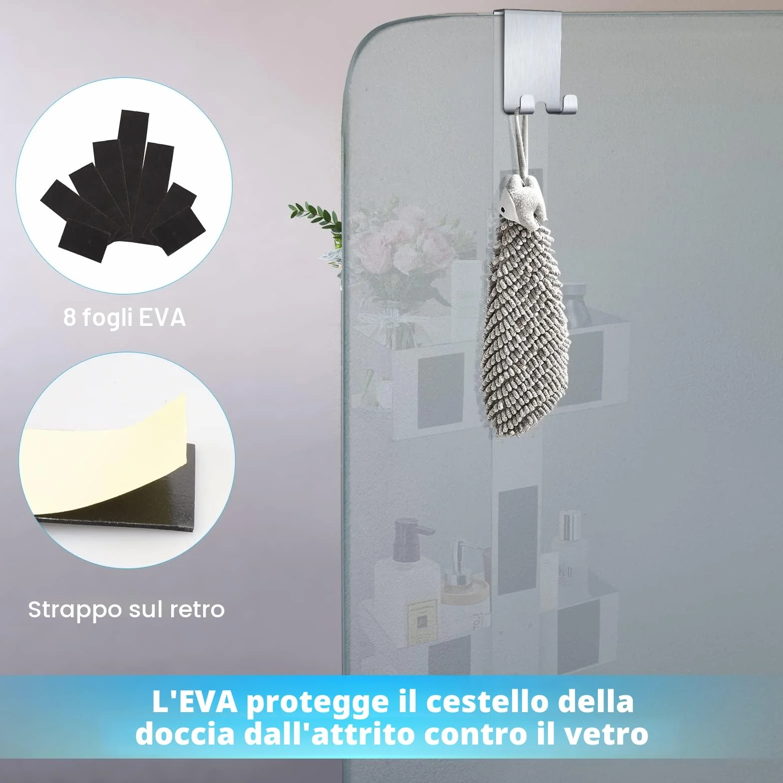 Mensola Doccia in SUS304 Acciaio Inox, Porta Bagnoschiuma da Appendere al Porte Doccia in Vetro, Argento (Doppio strato)