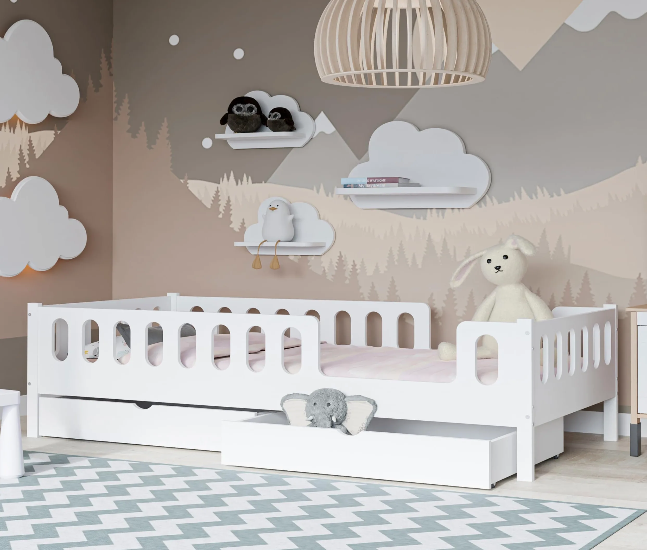 LARS 2 in 1 Letto per bambini Letto per ragazzi 200x90 cm - Bianco, 2 cassetti, Protezione antiribaltamento rimovibile, Convertibile in Letto Junior, Design Montessori, Legno massello, Include doghe