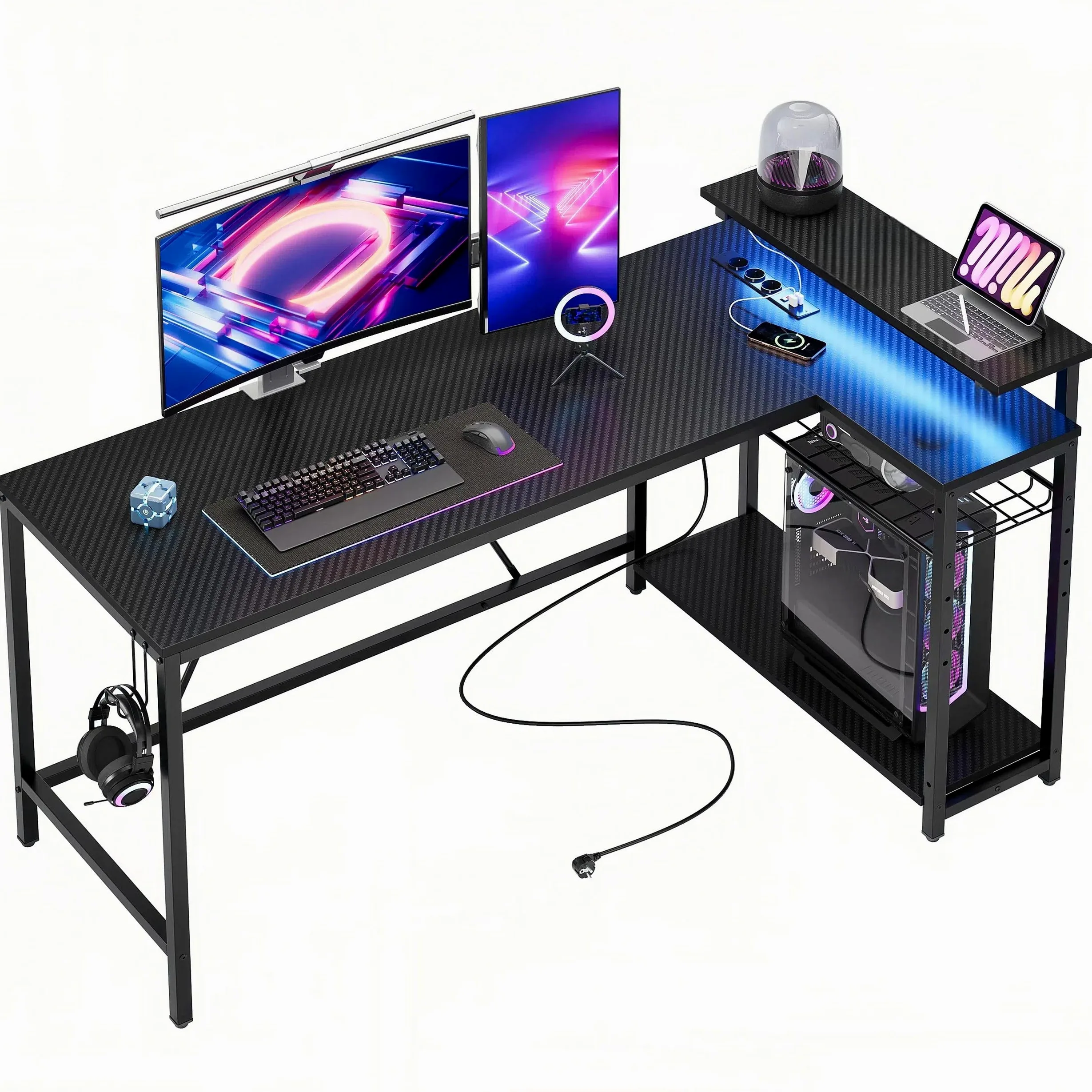 Bestier 147CM L Shaped Gaming Desk con luci LED e prese di corrente, scrivania ad angolo reversibile per l'ufficio domestico con ripiani, postazione PC più grande con ganci per lo studio, Nero