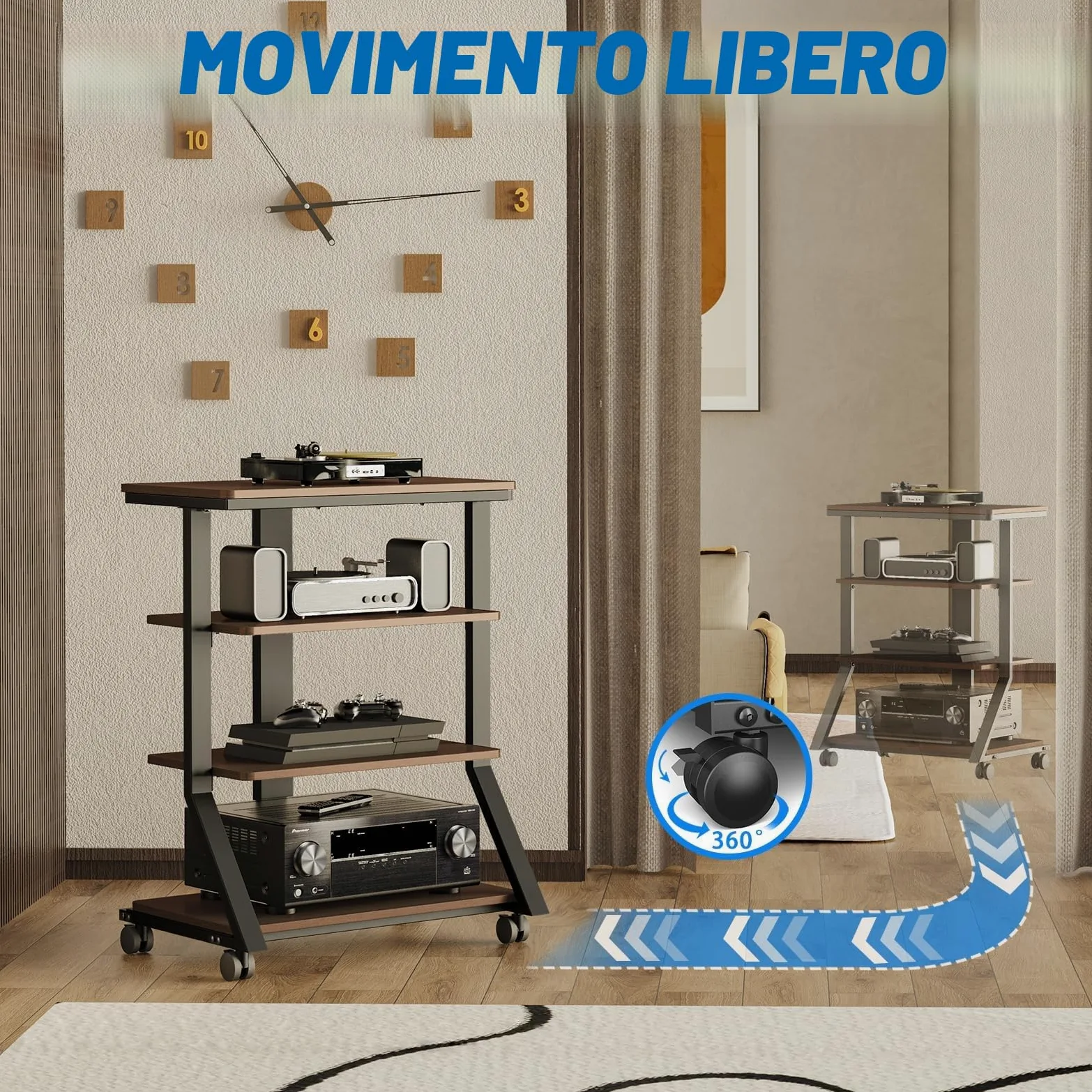 5Rcom Rack e supporti HiFi Audio Rack Armadio AV Mensola Movimento Stand 4 Ripiani in legno per Giradischi Lettore DVD Unità di intrattenimento Multifunzionale Altezza Regolabile Capacità di carico 54