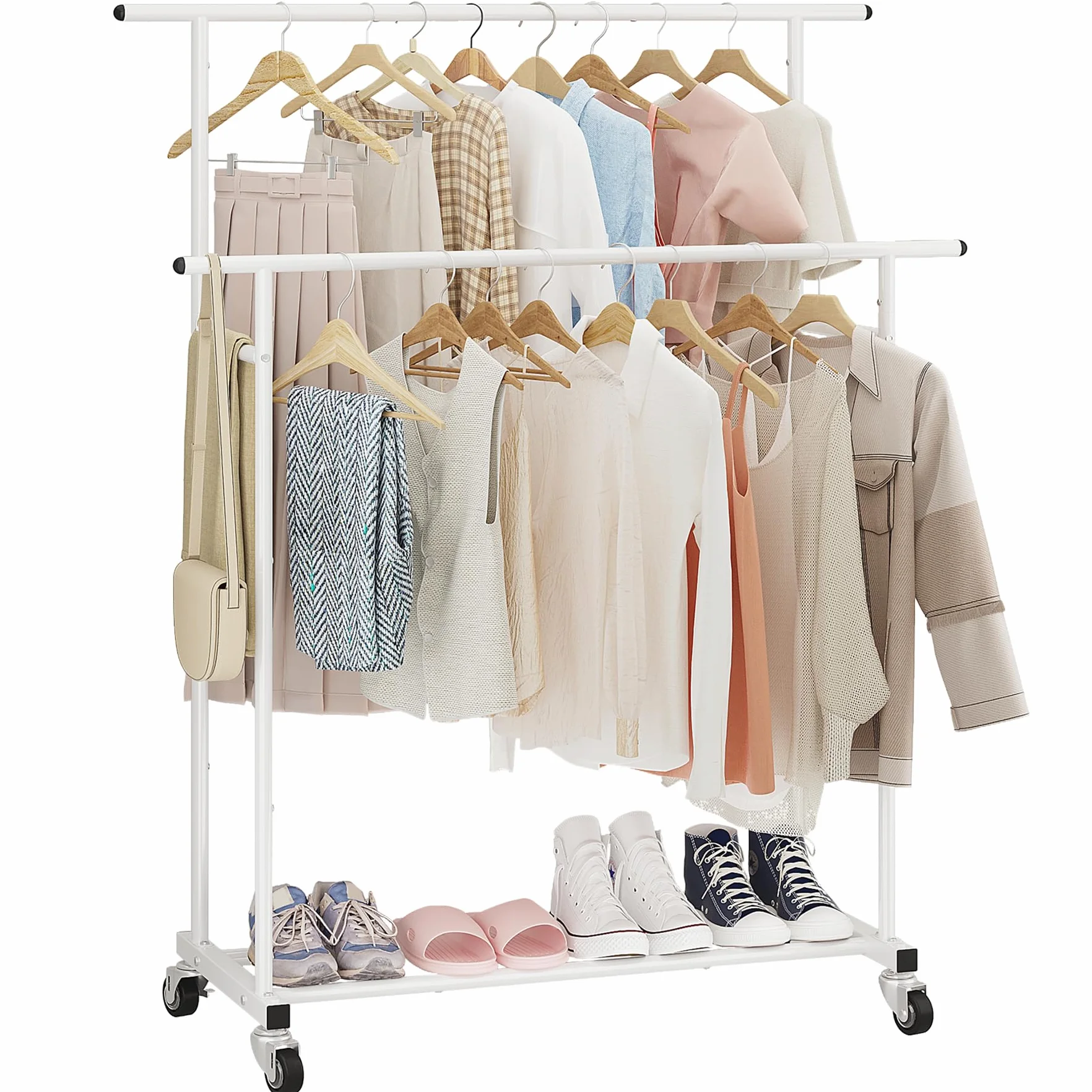 Calmootey Appendiabiti a doppia asta, appendiabiti portatile per camera da letto, soggiorno, negozio di abbigliamento, bianco