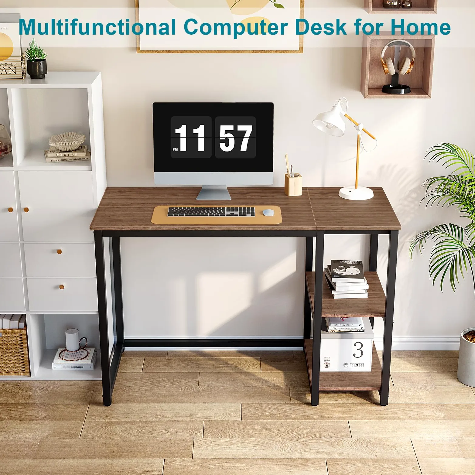 WOHOMO Scrivania per computer, 120 cm, con 2 ripiani, ampio spazio per riporre oggetti, studio, laptop, marrone