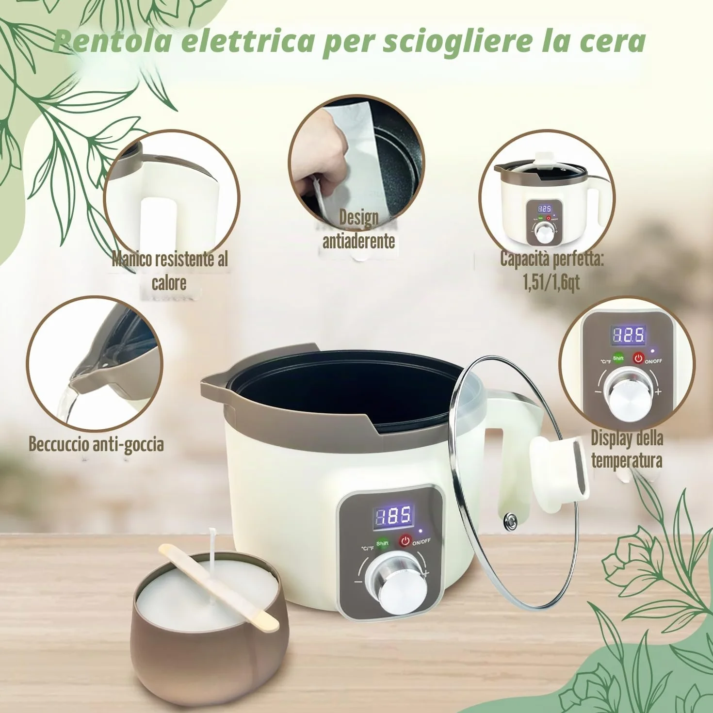 Kit per la creazione di candele fai da te in cera di soia con fusore elettrico e 12 barattoli