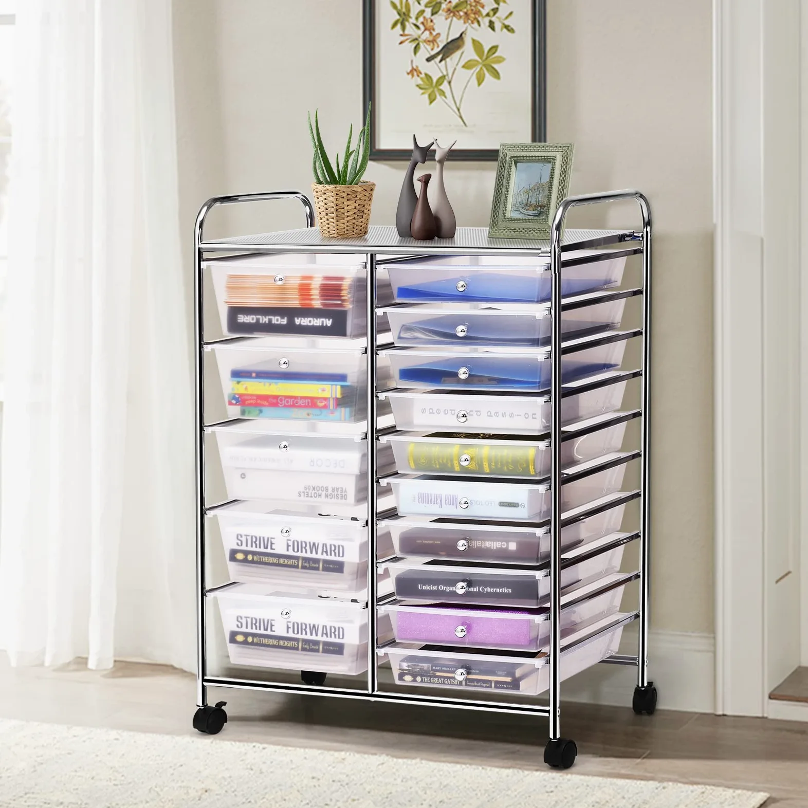 GYMAX Carrello Portaoggetti con 15 Cassetti Staccabilea, Carrellino Salvaspazio con Ruote, per Uffici, Parrucchieri, Studio, Soggiorno, 62,5 x 37 x 87 cm (TRASPARENTE)