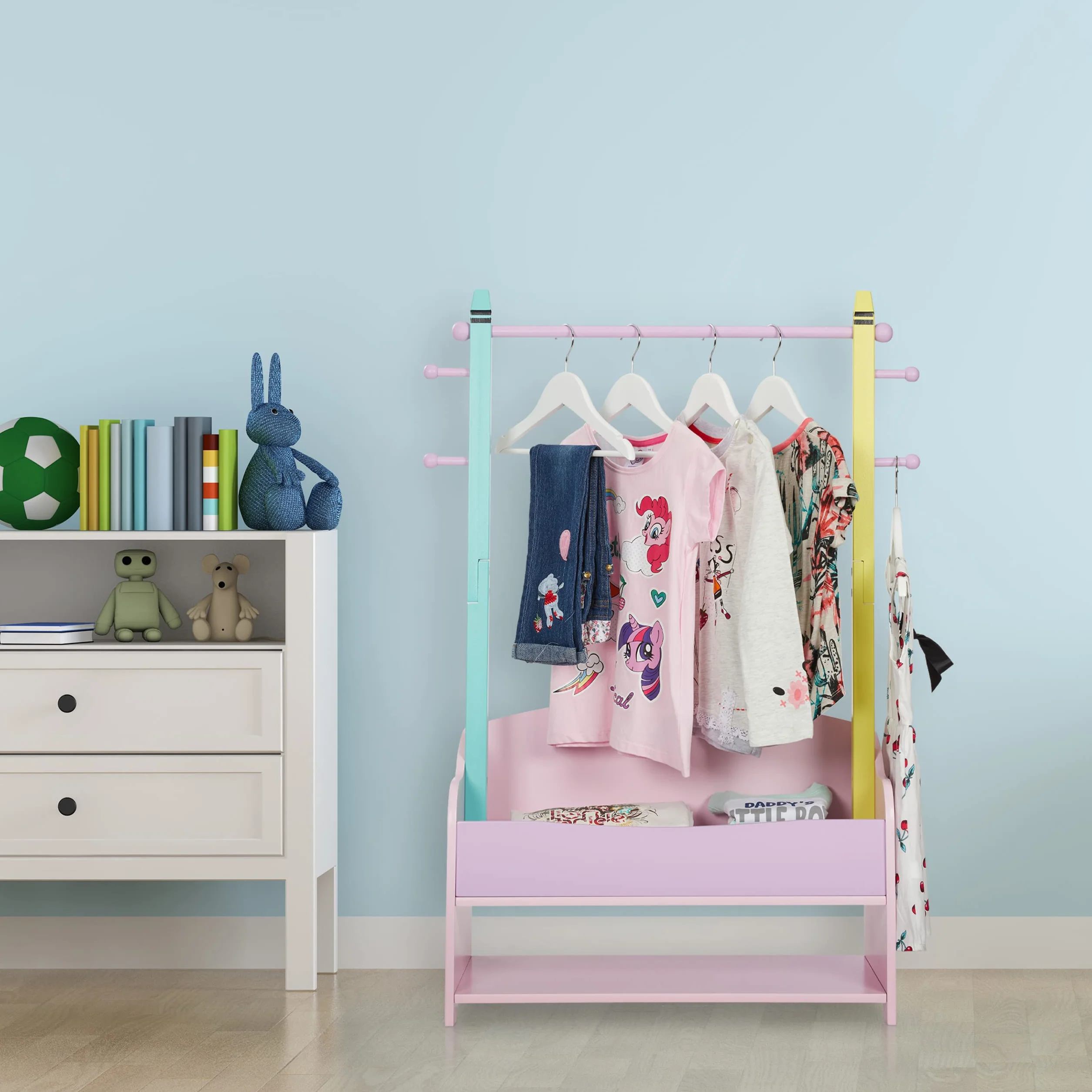 Relaxdays Stand Appendiabiti per Bambini, Scomparto Doppio, Guardaroba a Giorno, HxLxP: 100,5x71x30 cm, Colori Pastello