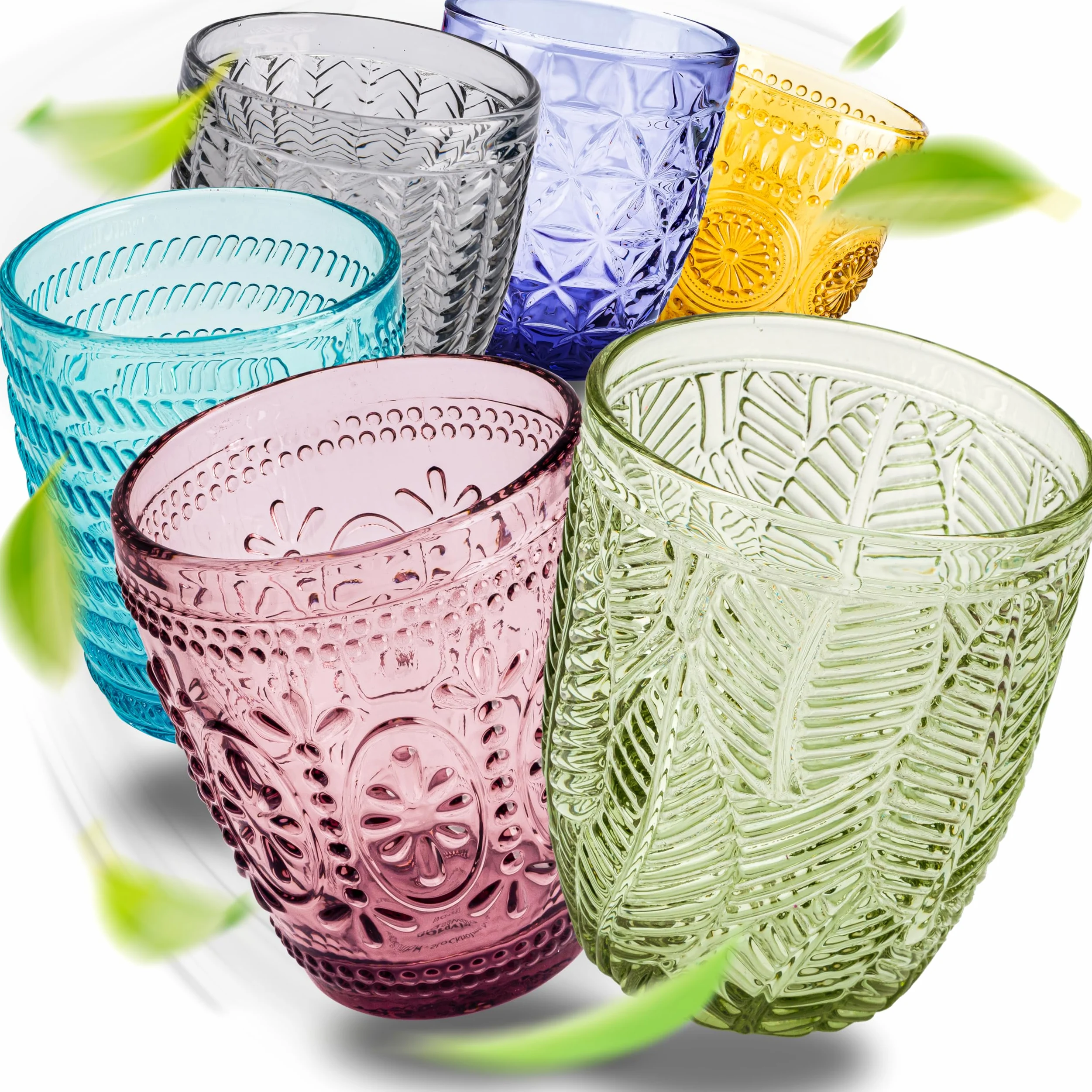 Norqvist Set di bicchieri colorati – Set di bicchieri da acqua colorati – Set da 6 bicchieri da succo – 250 ml – lavabile in lavastoviglie – design moderno con motivi