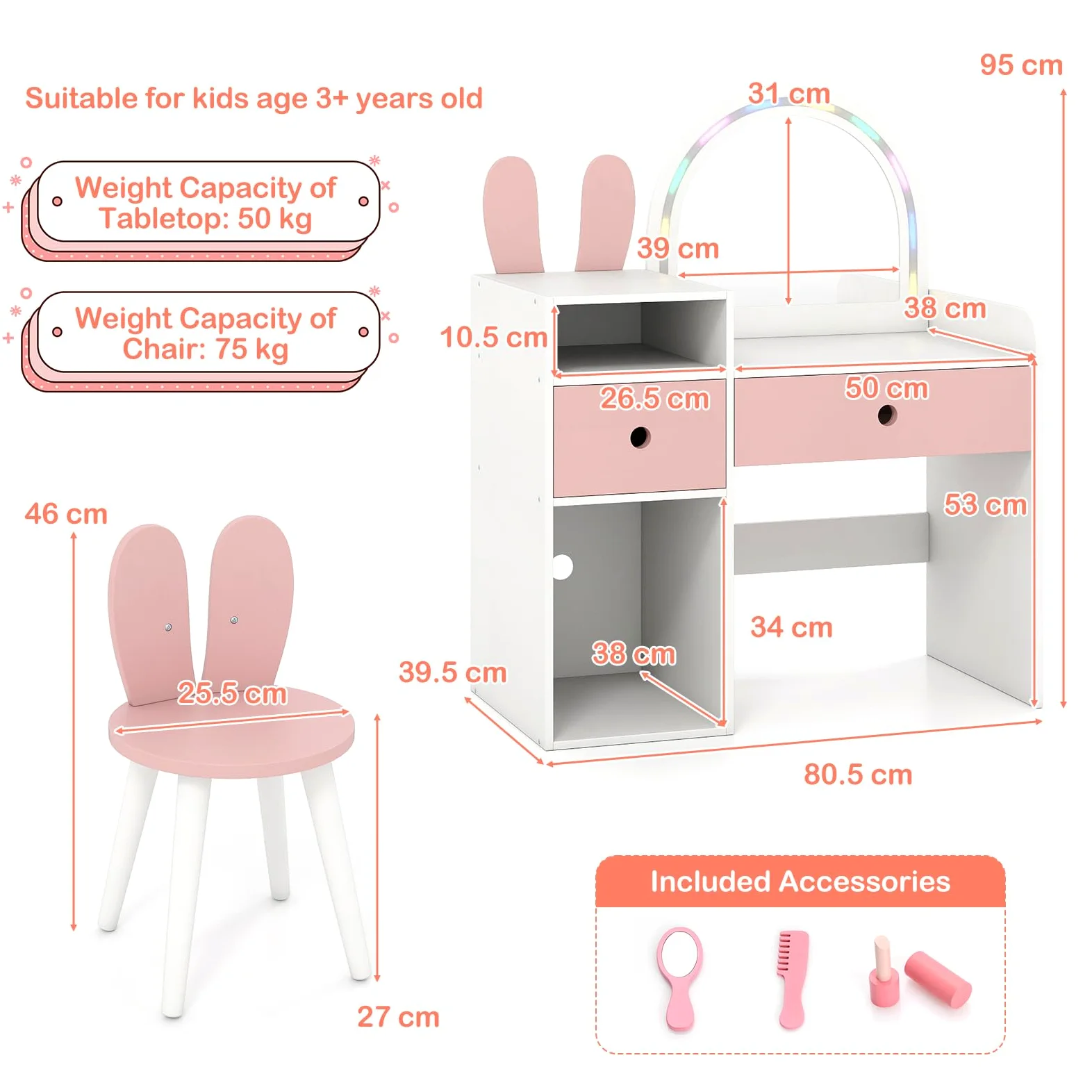 LIFEZEAL Specchiera Trucco per Bambina 3+Anni, con Luci, Sgabello, Sedia, Toeletta Tavolo, Forma di Coniglio, Postazione Make up, Vanity, Cassetti, Scomparti Aperti, Accessori, Cameretta (bianco)