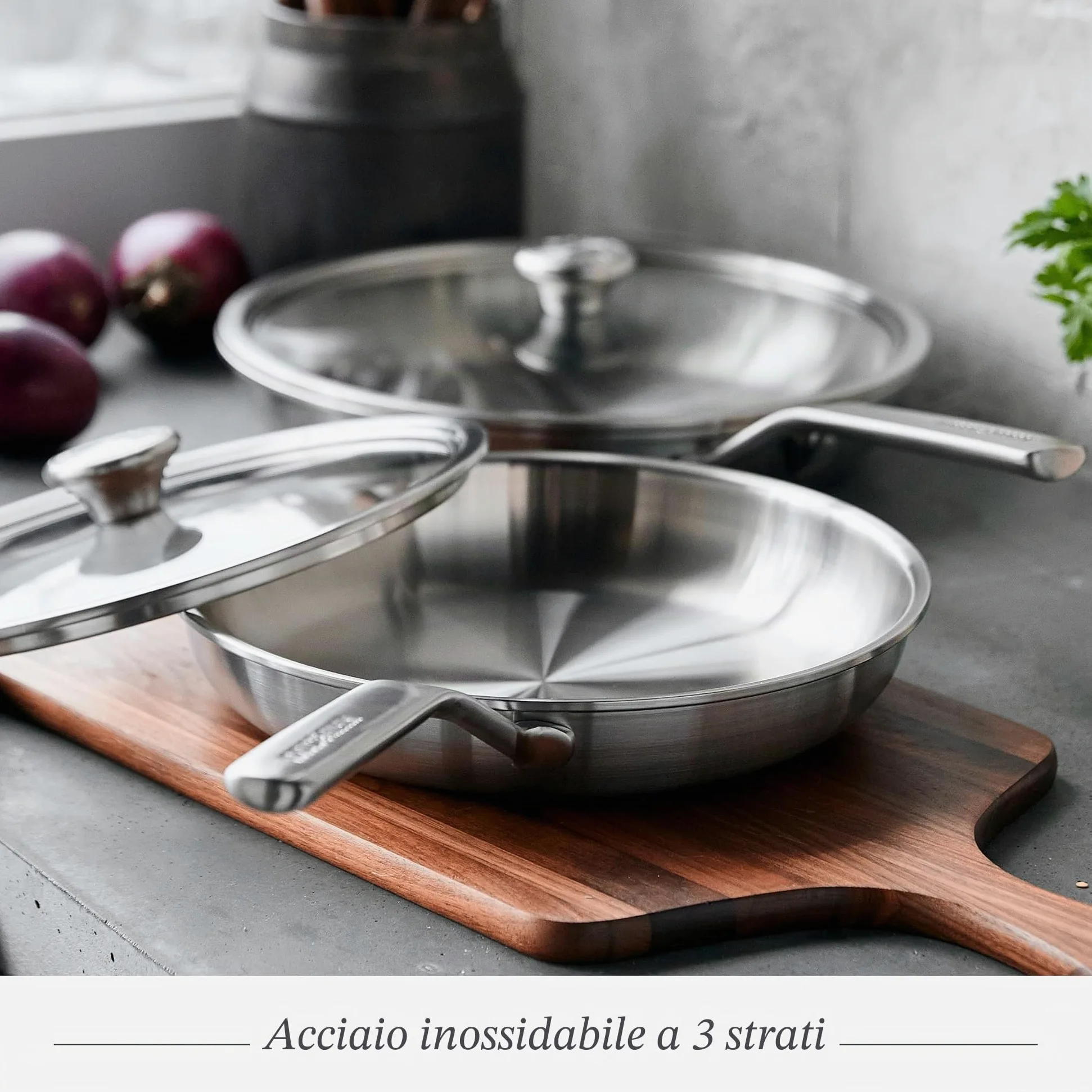 Merten & Storck Tri-PLy Batteria di Pentole 2 Pezzi con Coperchi,26cm & 30cm,a Induzione in Acciaio Inox,sicure per gli utensili in metallo,Multi Clad,lavabili in lavastoviglie e in forno,Argento