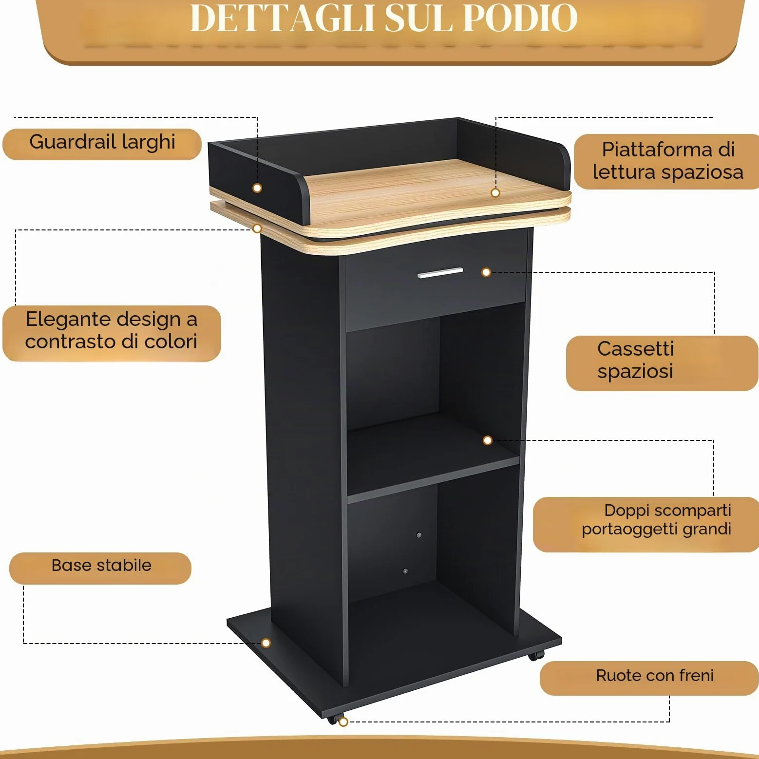 Podio in legno con cassetto estraibile e ruote, pulpito alto in legno massello di alta qualità, con ripiano a doppio strato, per chiesa, conferenze, scuola, seminario (110 x 46 x 60 cm)