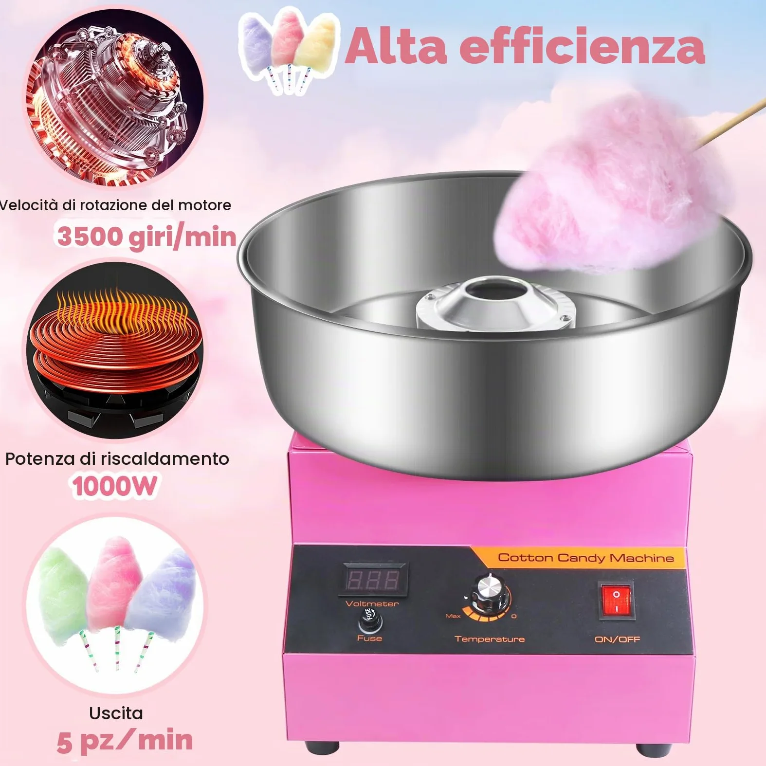 Macchina Zucchero Filato Professionale, 1000W Macchina per Zucchero Filato Grande da Banco - con Ciotola in Acciaio Inossidabile, Temperatura Regolabile, per Bambini, Casa, Compleanno, Feste (Rosa)