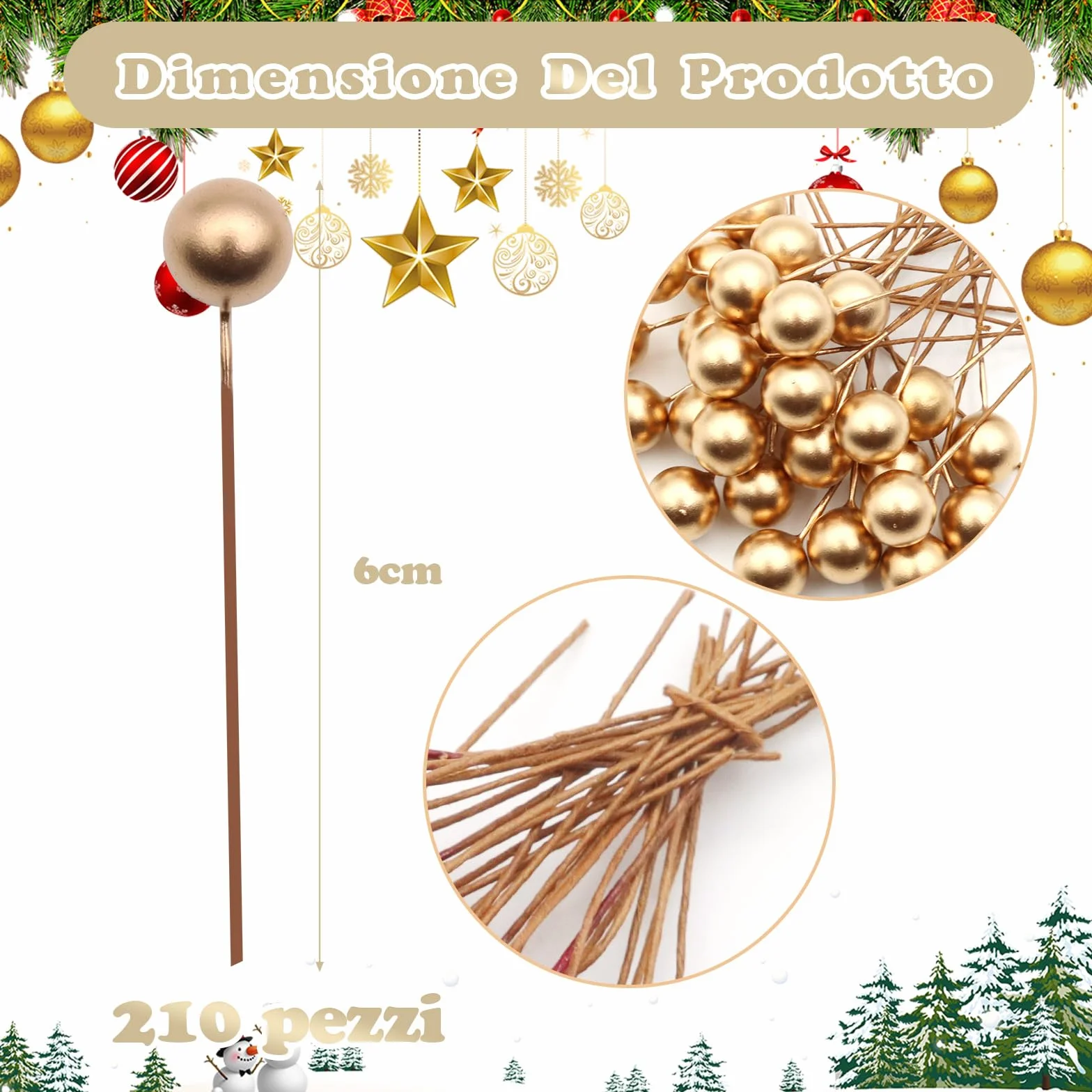 Bacche di Natale Artificiali VEGCOO 210 Pezzi 10 mm Agrifoglio Rosso e Oro per Decorazioni Natalizie