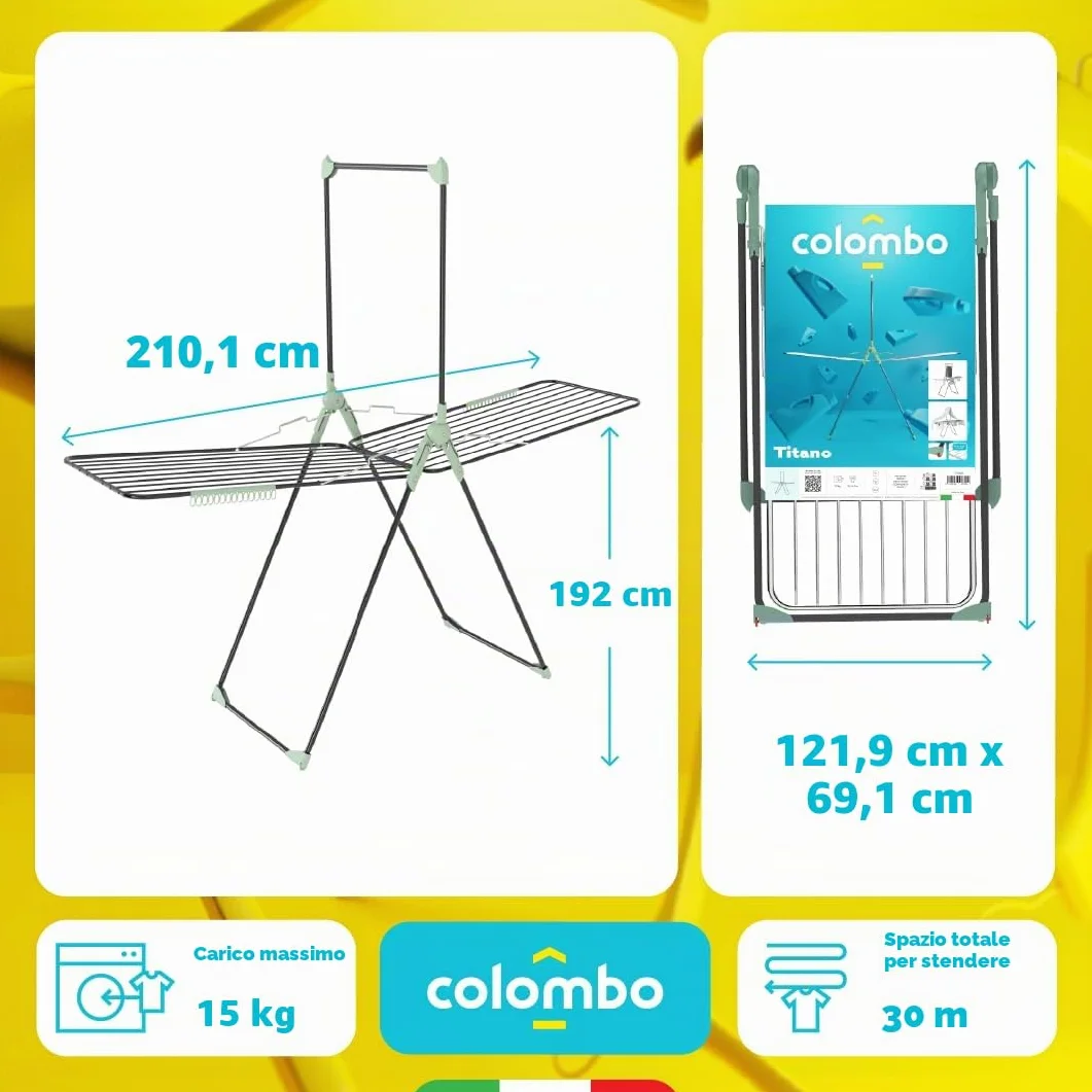 Colombo Stendibiancheria Titano con Barra Portabiti Pieghevole a 2 Livelli Acciaio Alluminio Antiruggine Capacità 15kg 30m Made in Italy