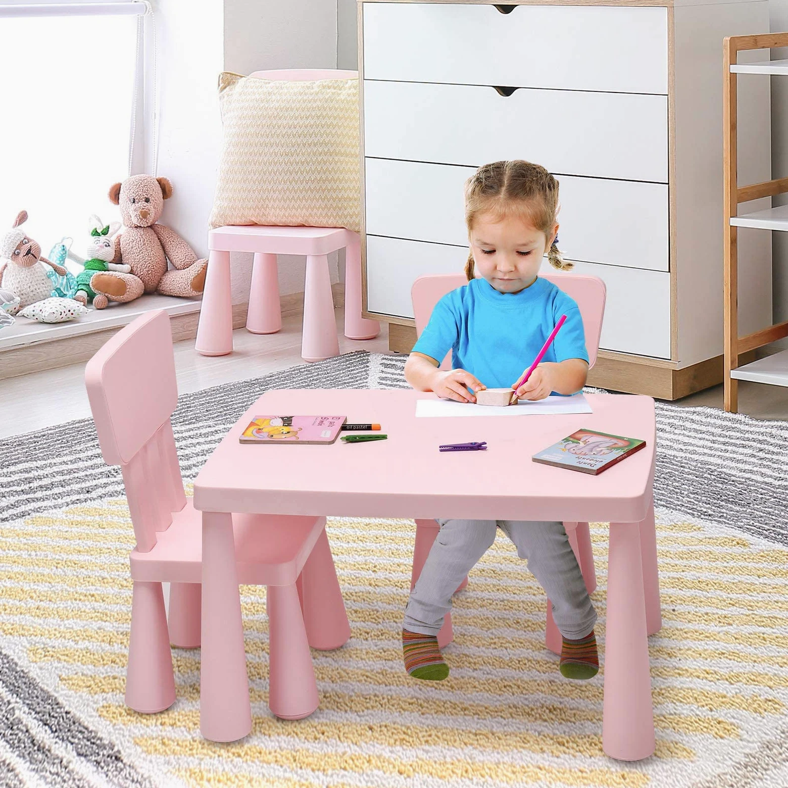 GYMAX Set Tavolino per Bambini con 2 Sedie di Plastica, Tavolino e Sedia per bambini, per Mangiare, Leggere, Dipingere, Adatto a 1-7 Anni (Rosa)